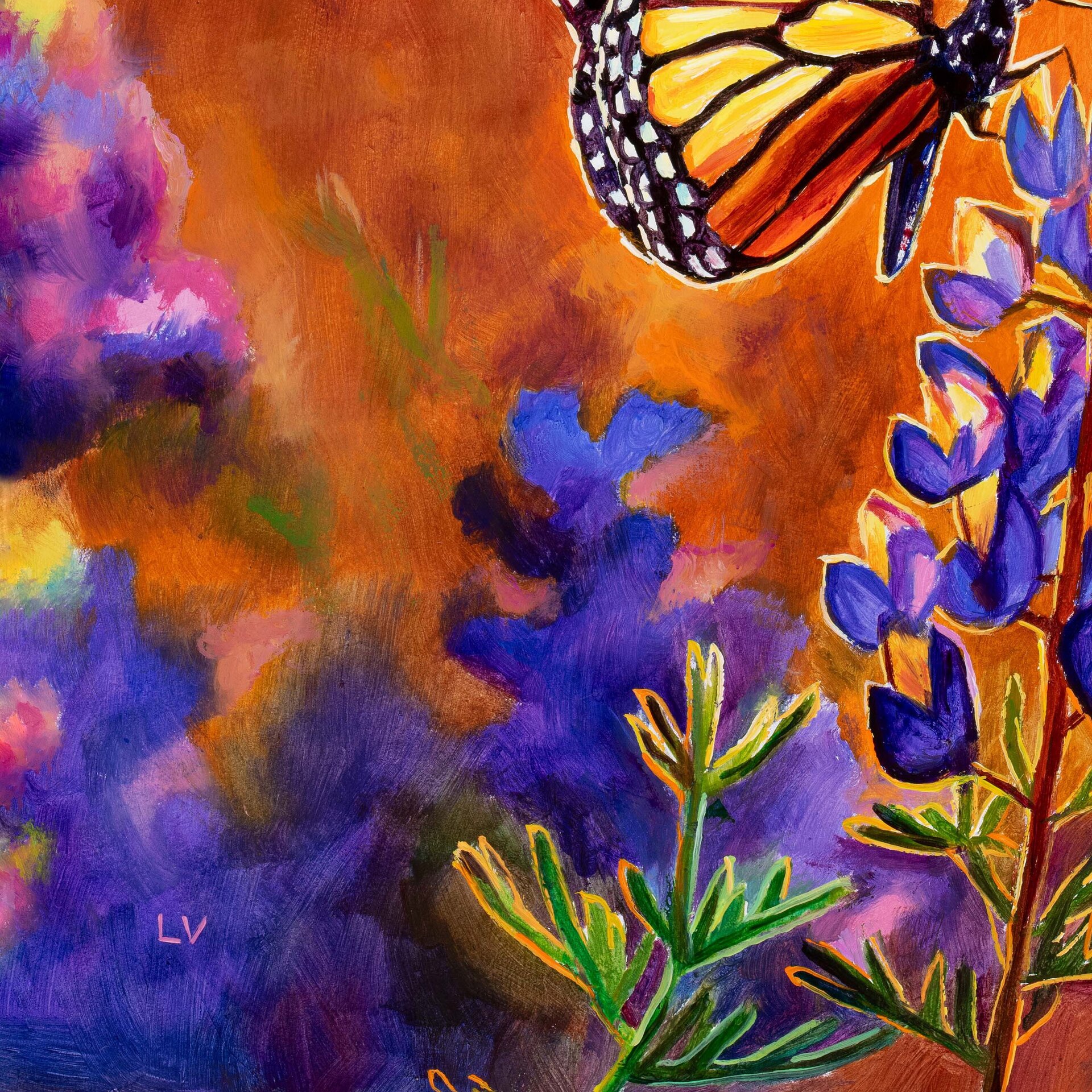 Cuadro al óleo de mariposa monarca sobre flores moradas al atardecer - 14