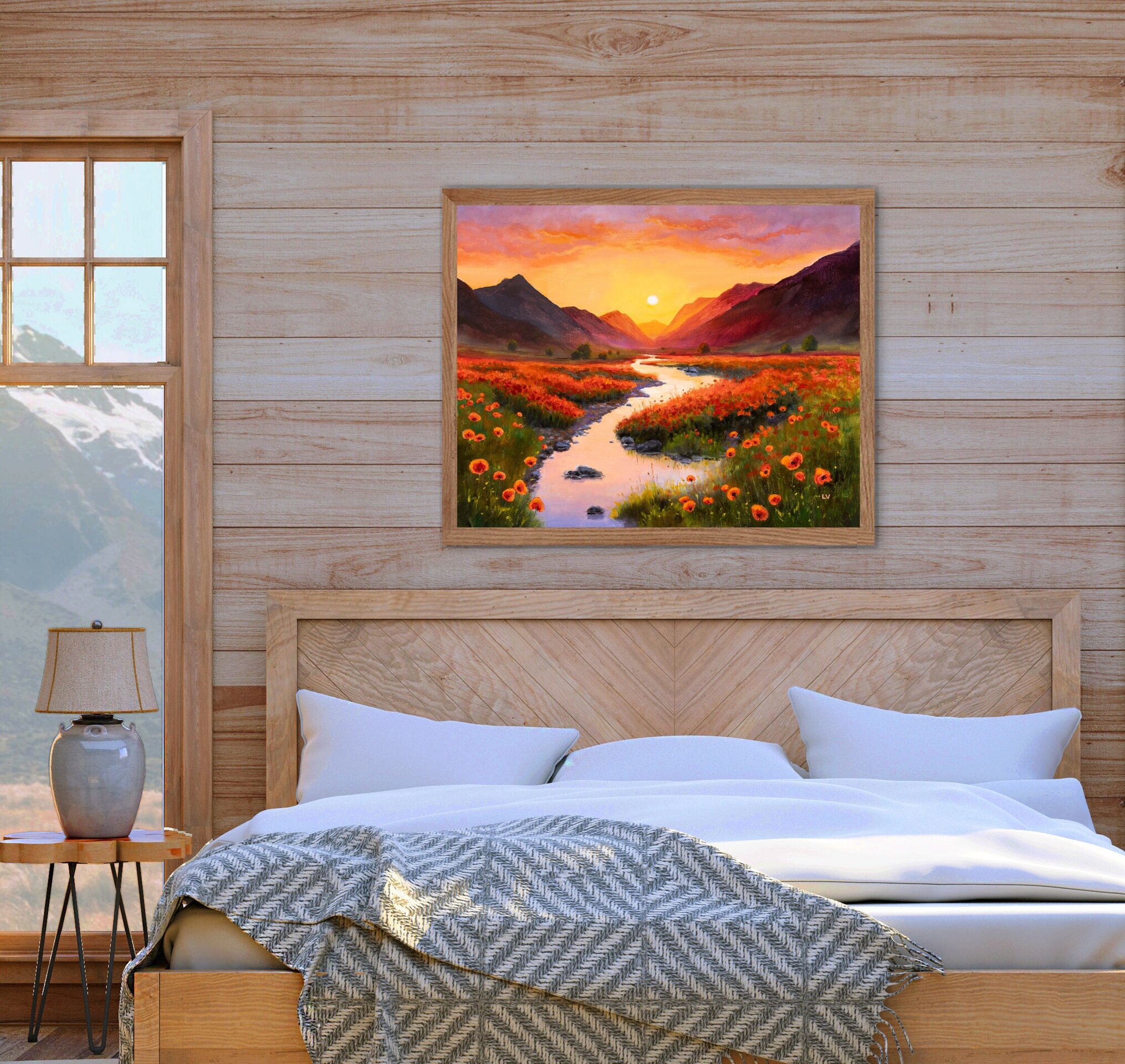 Río con flores en puesta de sol. Pintura vibrante de atardecer con amapolas - 6