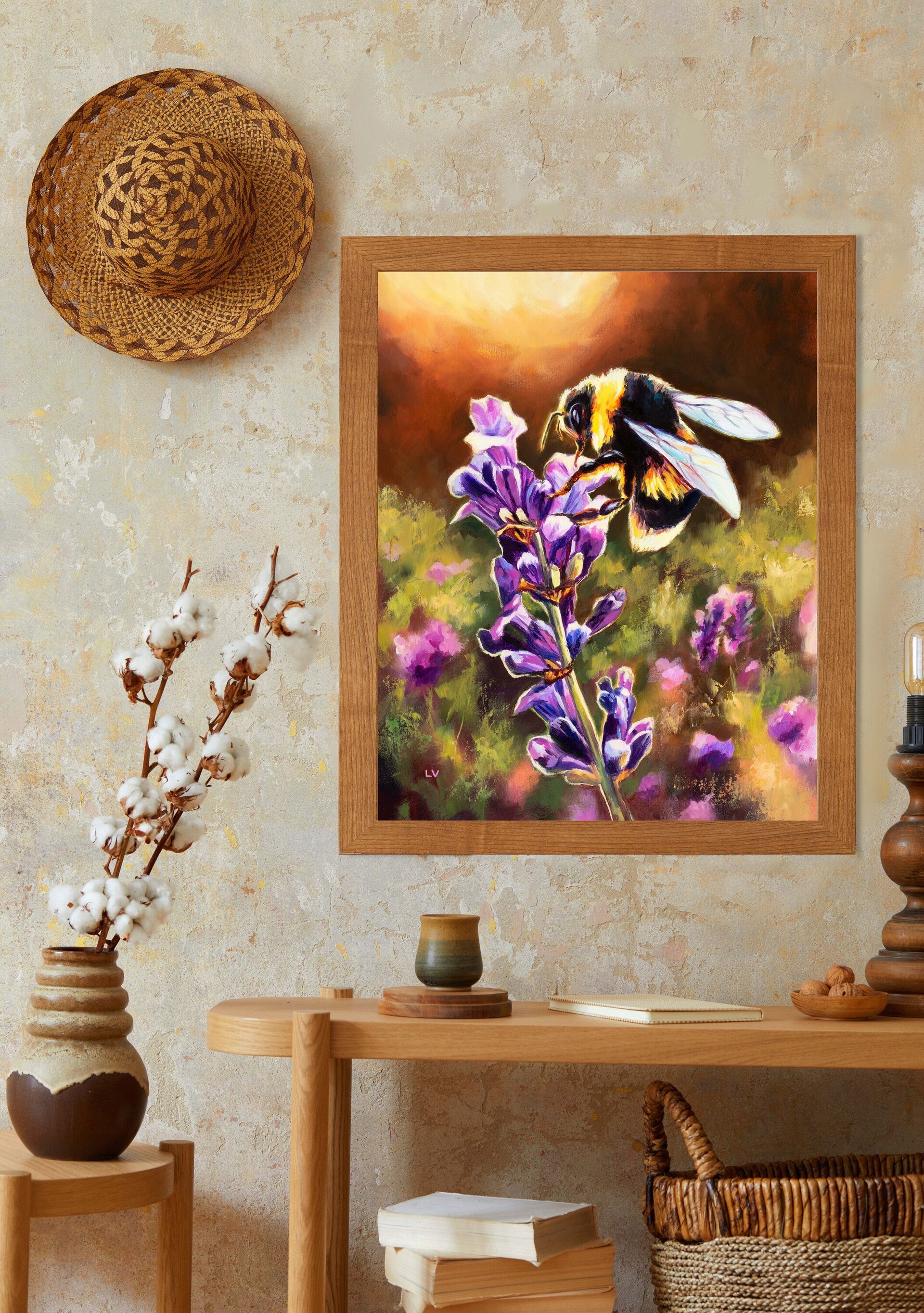 Pintura de abejorro en una flor de lavanda morada, Cuadro a óleo floral colorido - 5