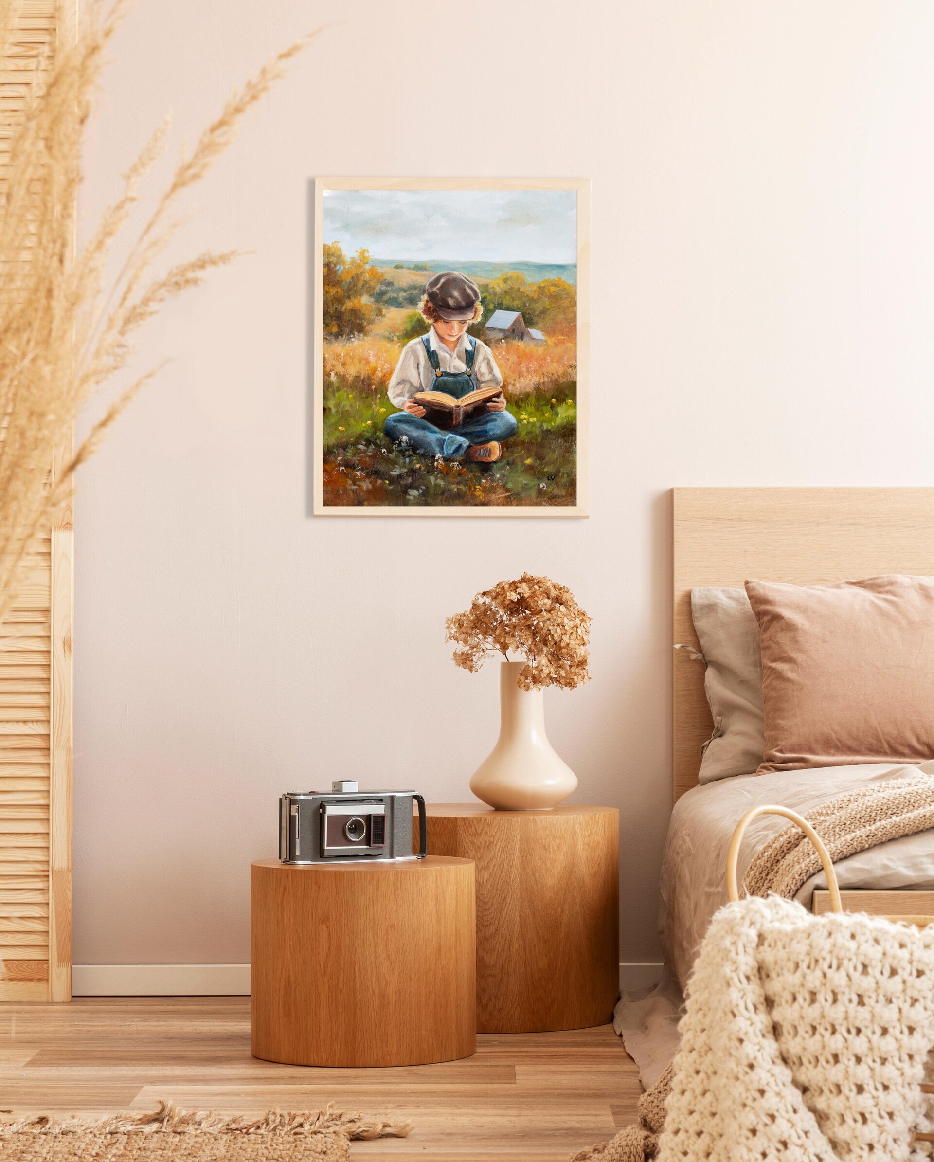 Pintura de niño campesino en la granja con un libro. Nostalgia de vida campestre - 5