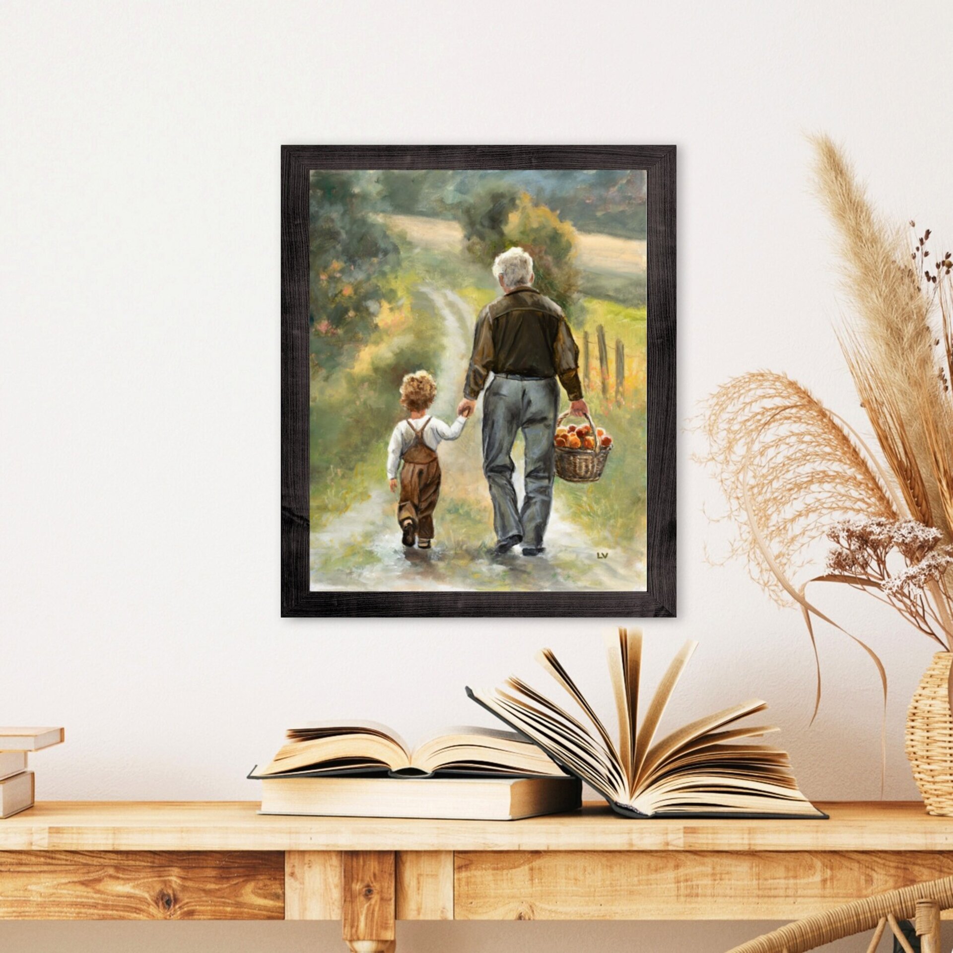 Pintura tierna de abuelo y nieto con cesto de manzanas en camino rural de granja - 10