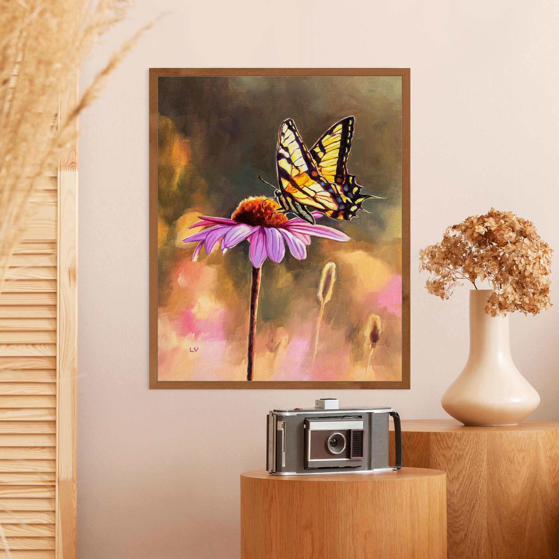 Cuadro al óleo de mariposa papilio sobre una margarita rosa, Ilustración insecto - 14