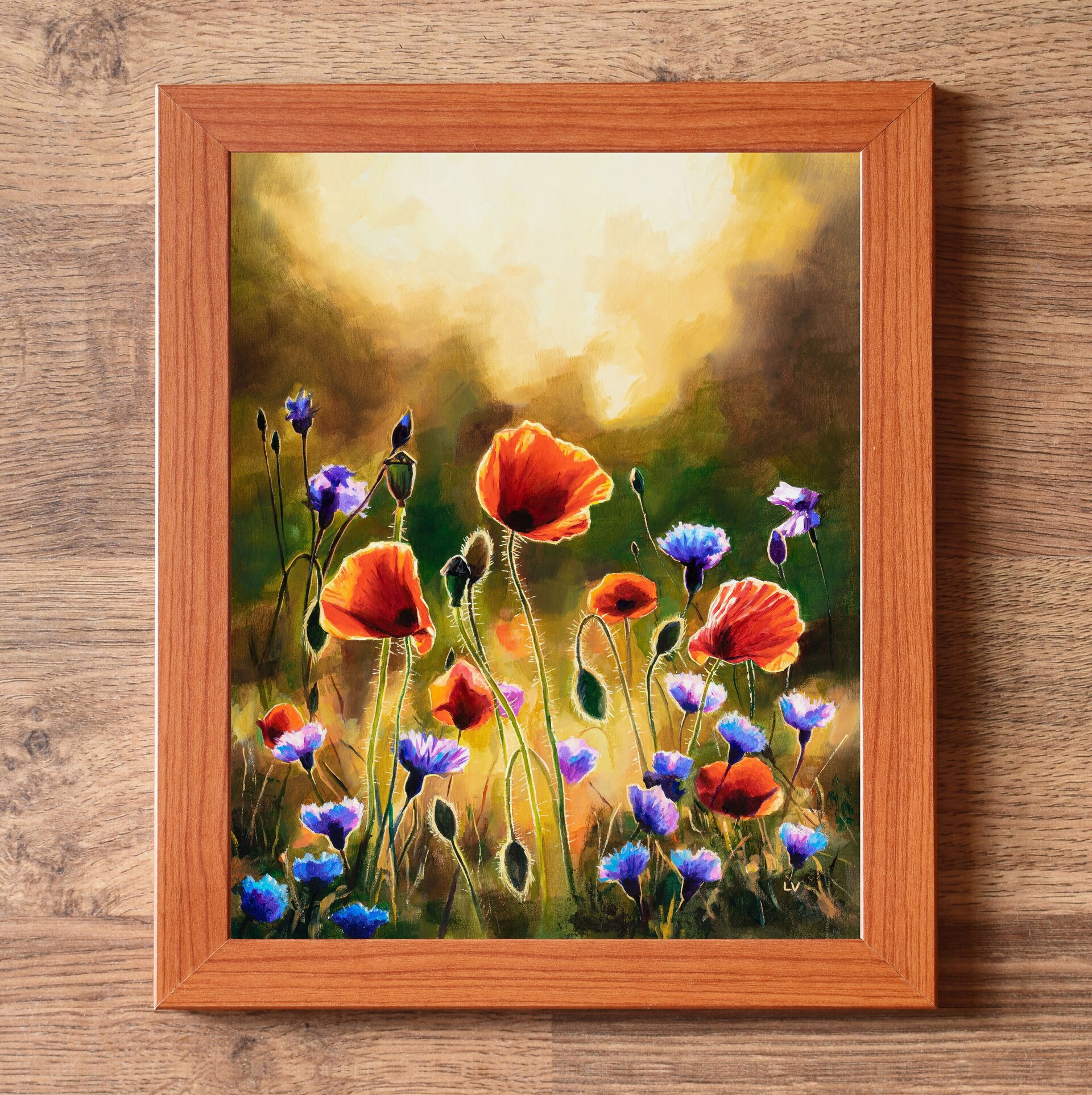 Cuadro colorido de amapolas y acianos en un campo de primavera al atardecer - 3