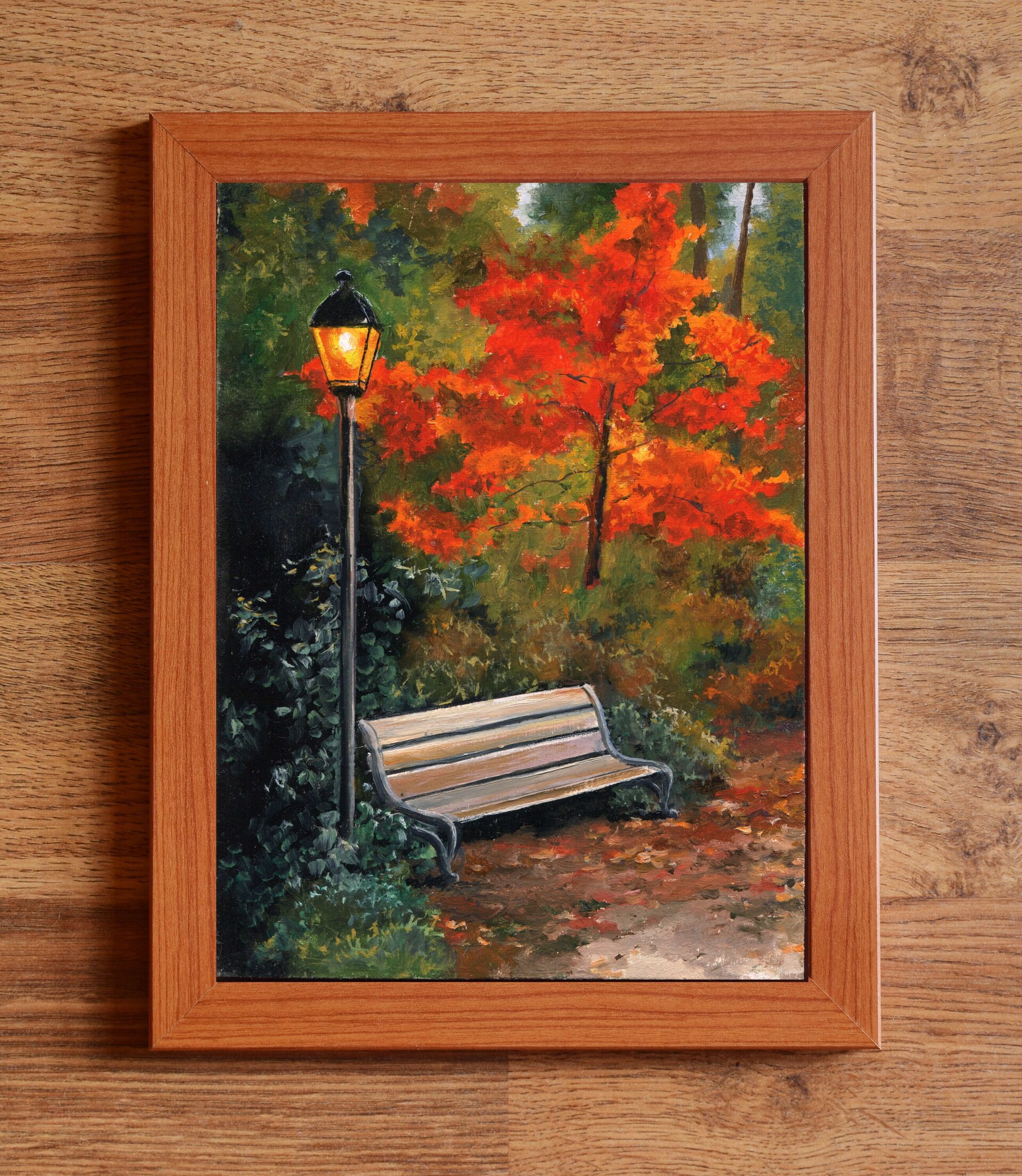 Pintura acogedora de otoño en parque con banco solitario, hojas caídas y farola - 3
