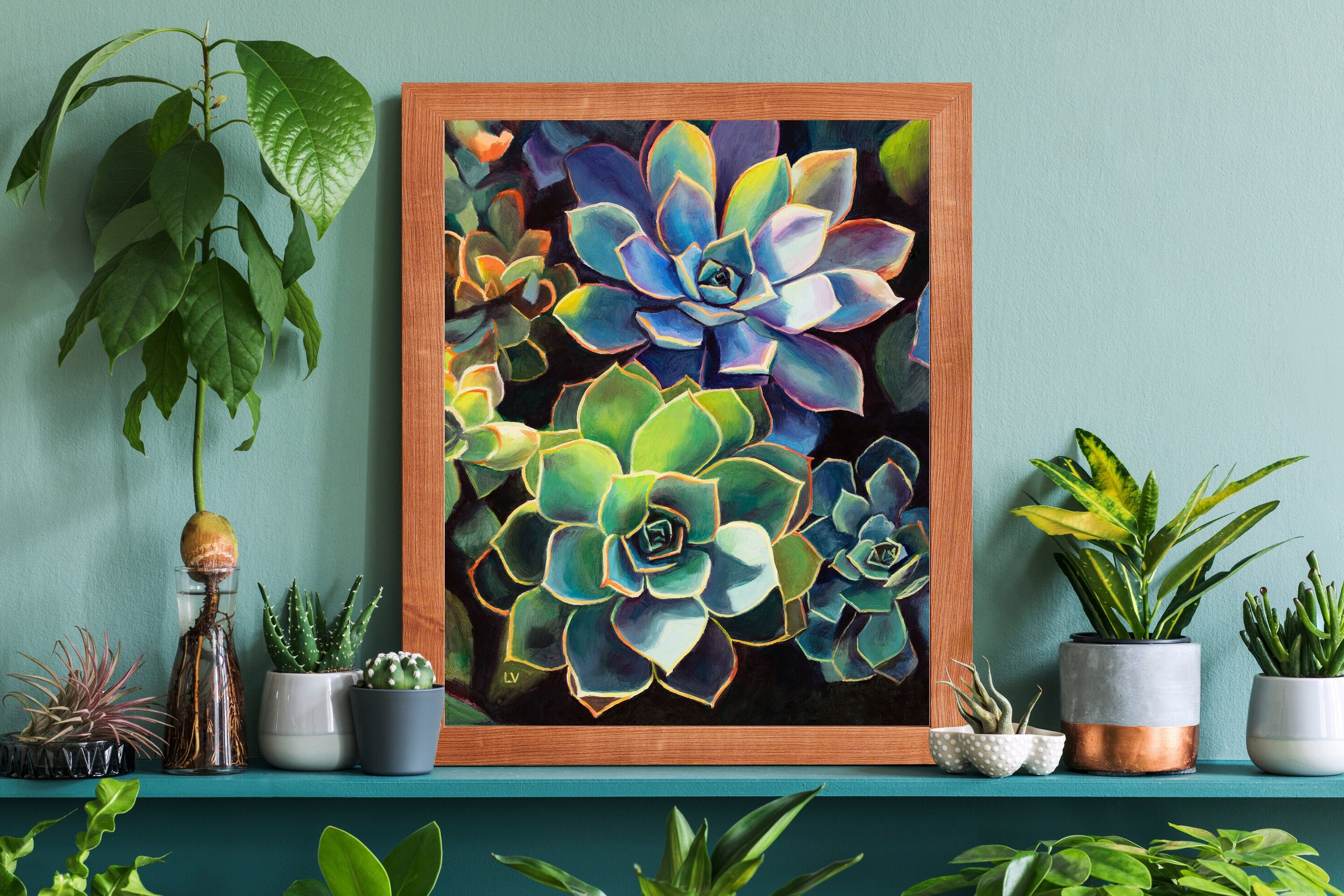 Coloridas plantas suculentas cuadro al óleo, Pintura boho floral de cactus - 6