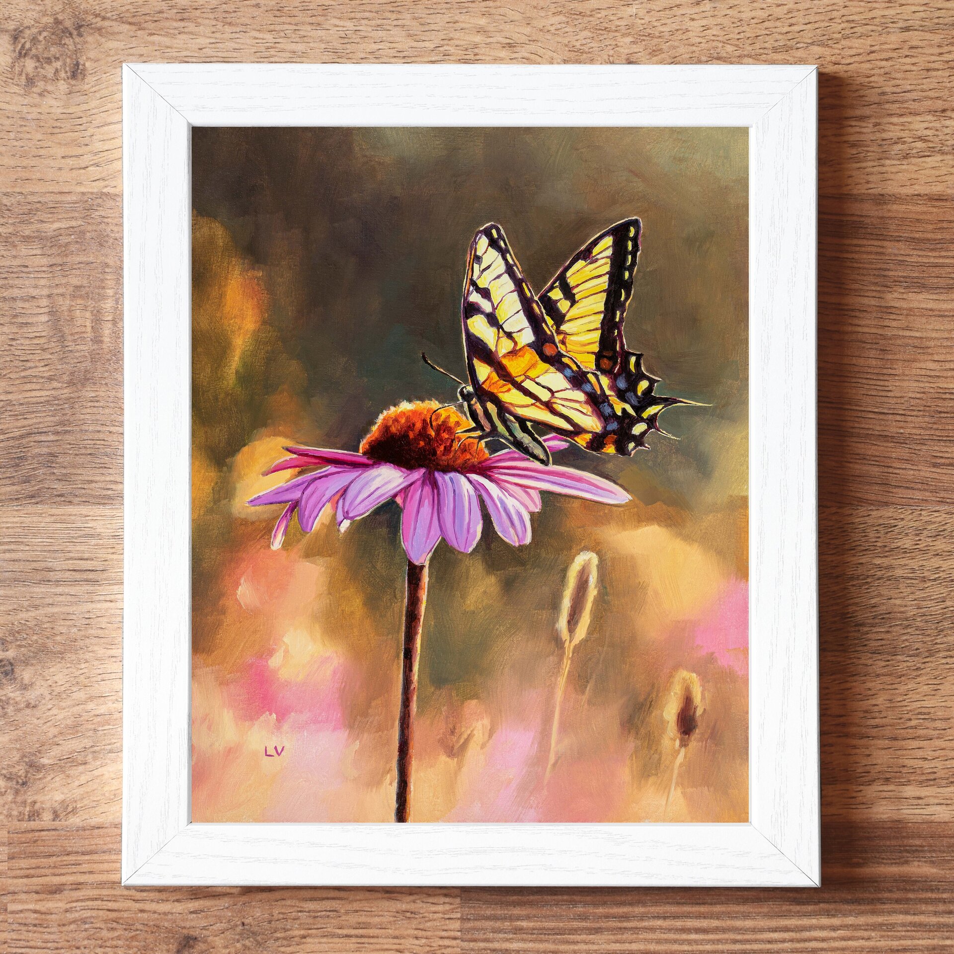 Cuadro al óleo de mariposa papilio sobre una margarita rosa, Ilustración insecto - 4