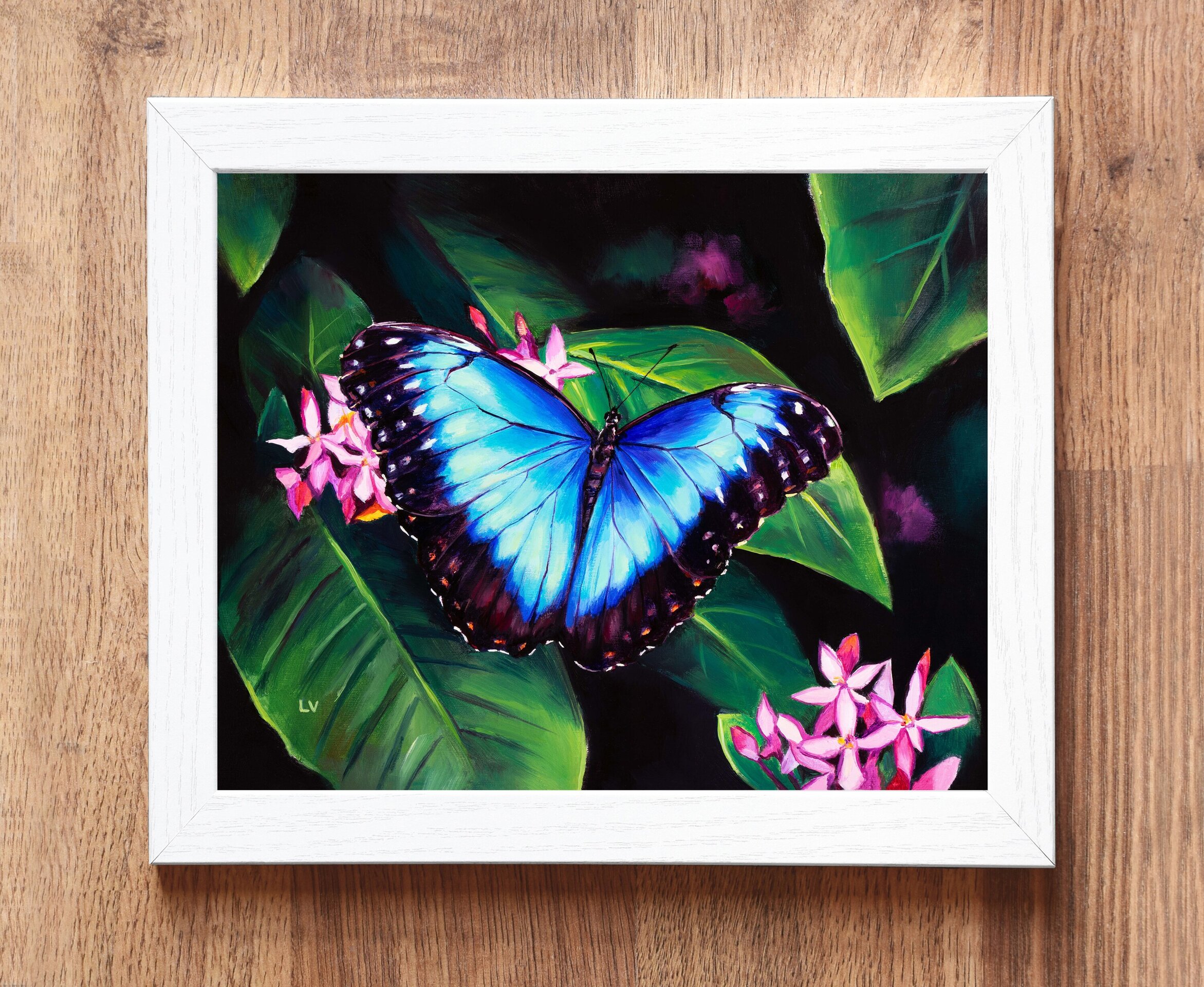 Cuadro de mariposa azul morpho sobre flores rosa, Pintura al óleo insecto jardín - 4