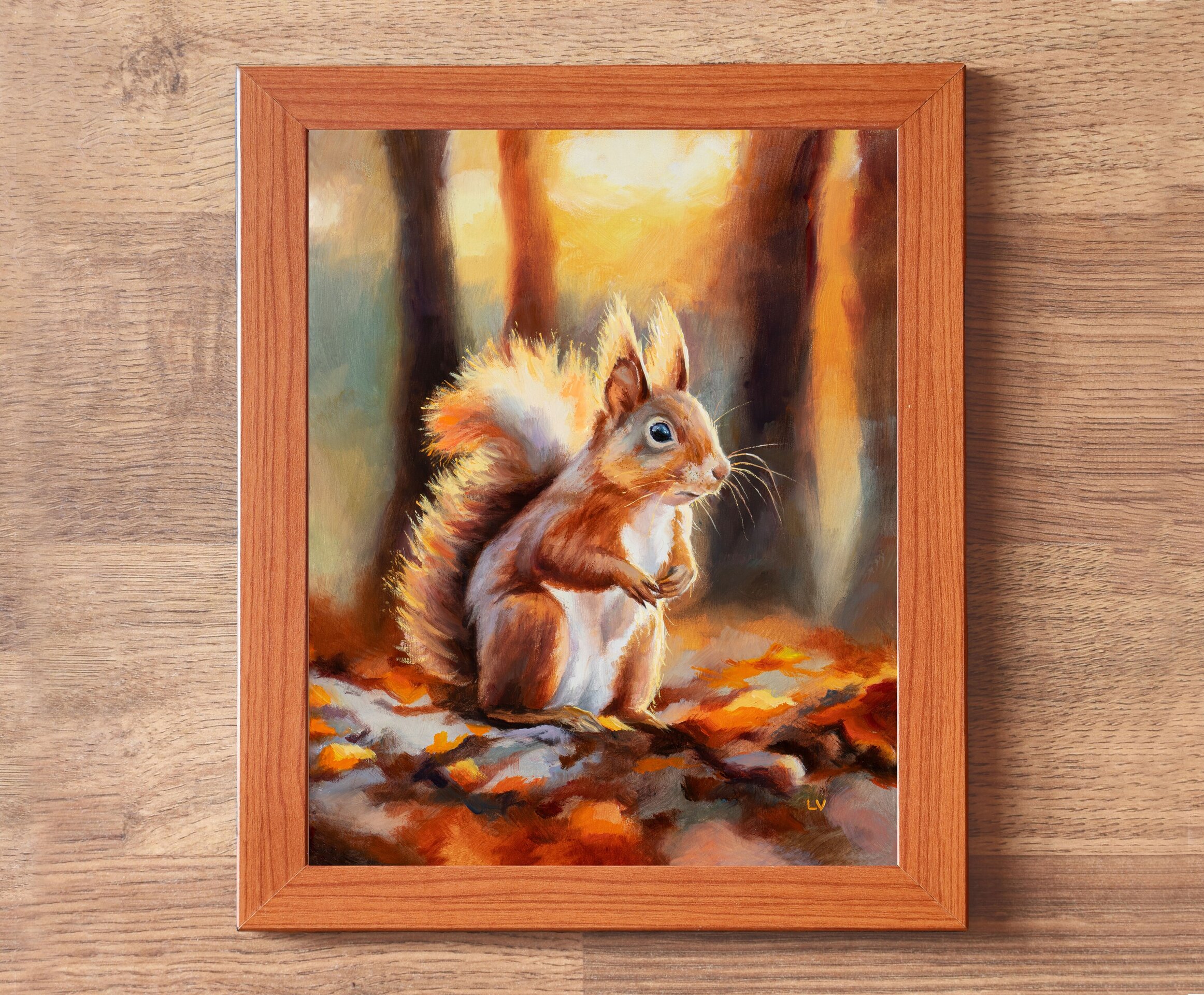 Pintura al óleo de una ardilla roja en el bosque de otoño, Retrato de animales - 3