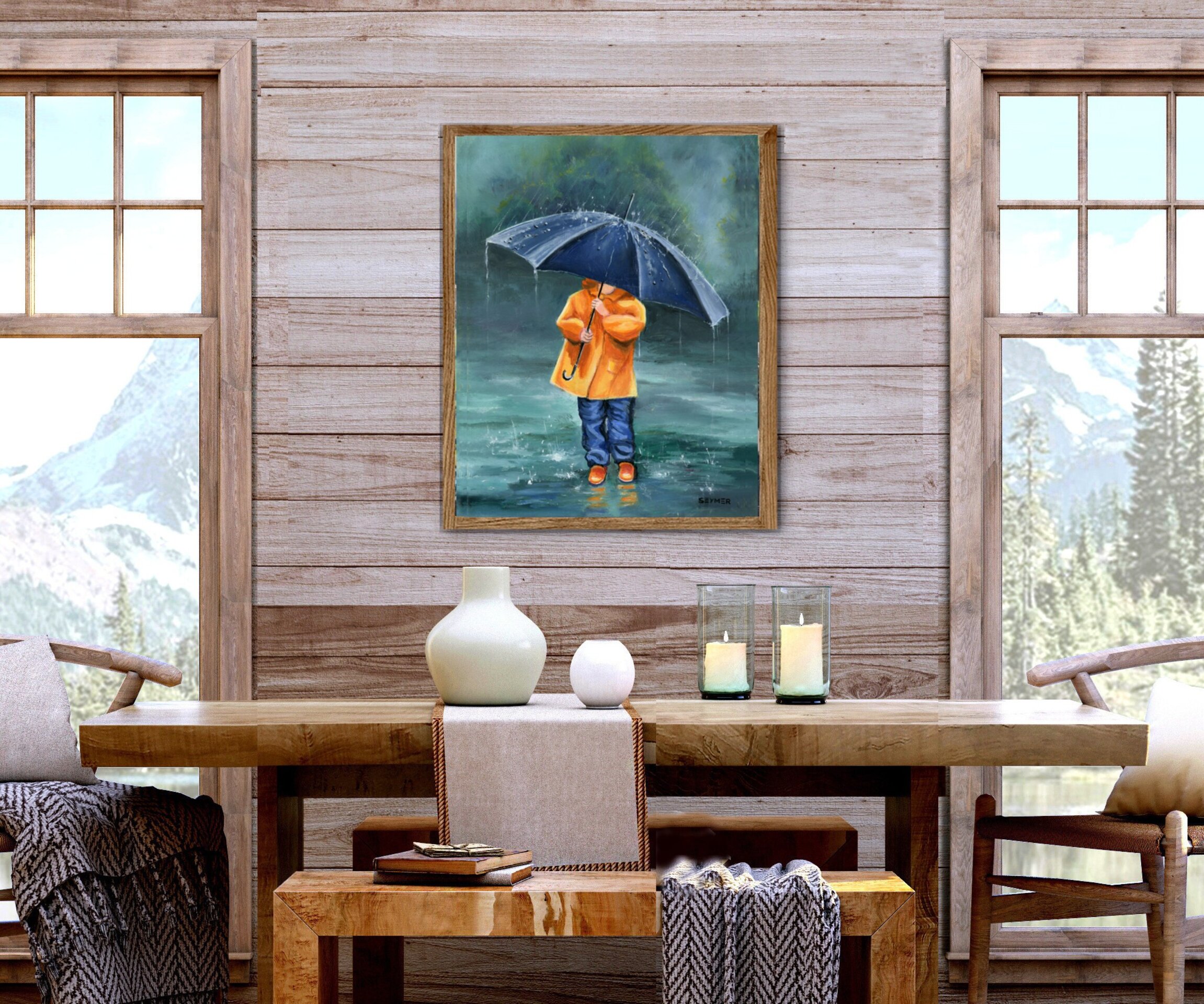 Niña con paraguas e impermeable en día de lluvia con charcos, pintura infantil - 7