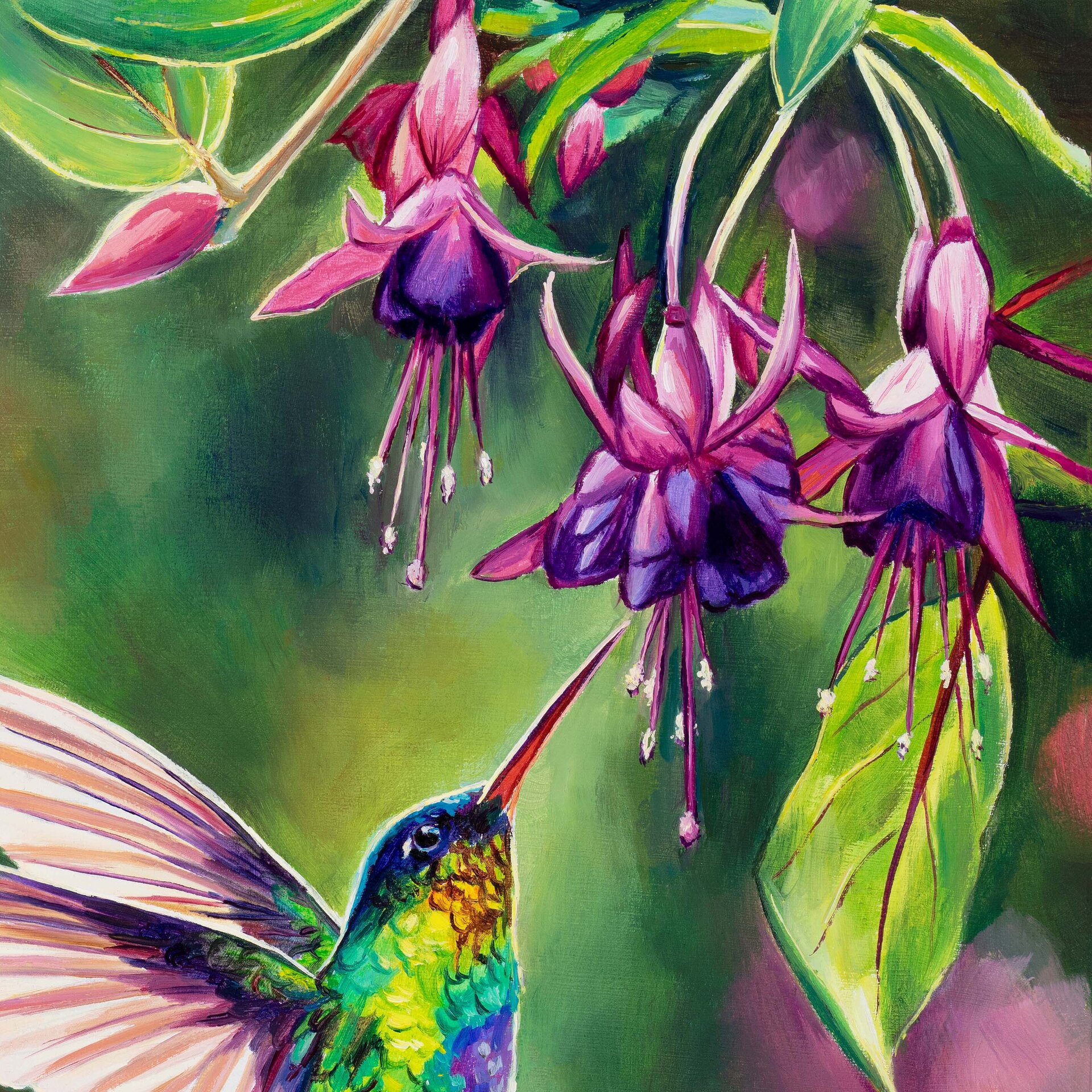 Pájaro colibrí volando con flores tropicales, Cuadro al óleo de ave exótica - 13