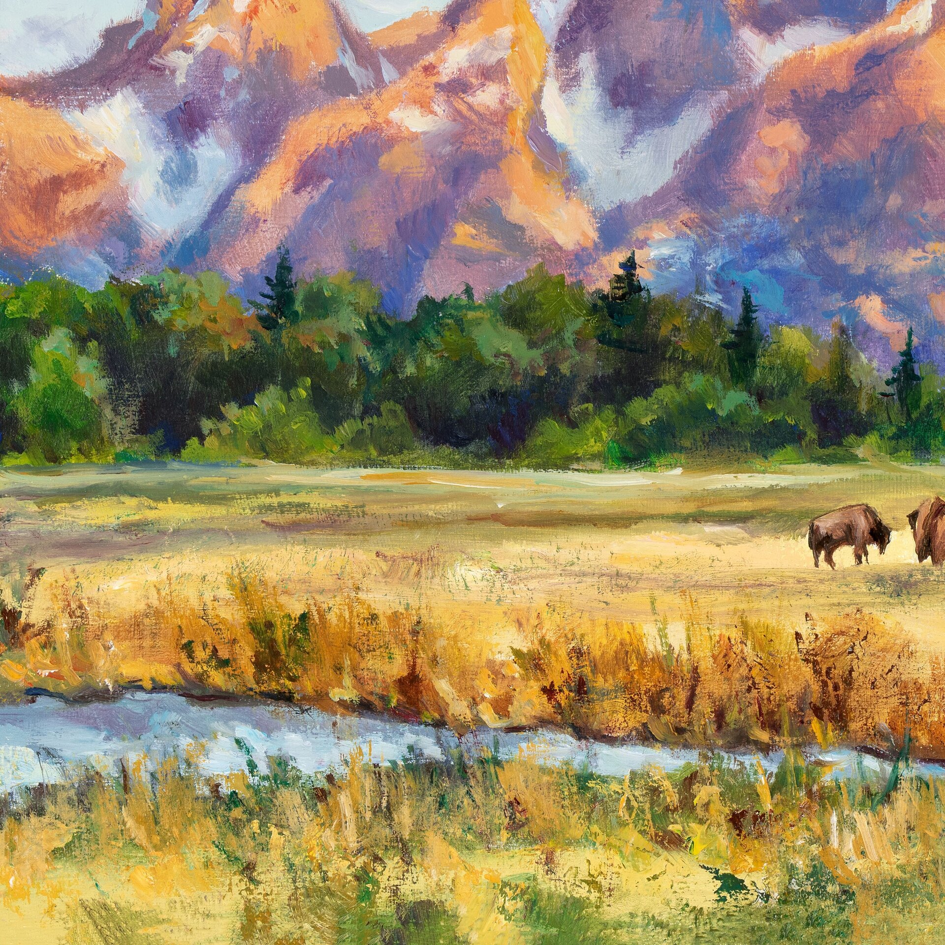 Paisaje al óleo de montañas nevadas con bisontes en la pradera al amanecer - 13
