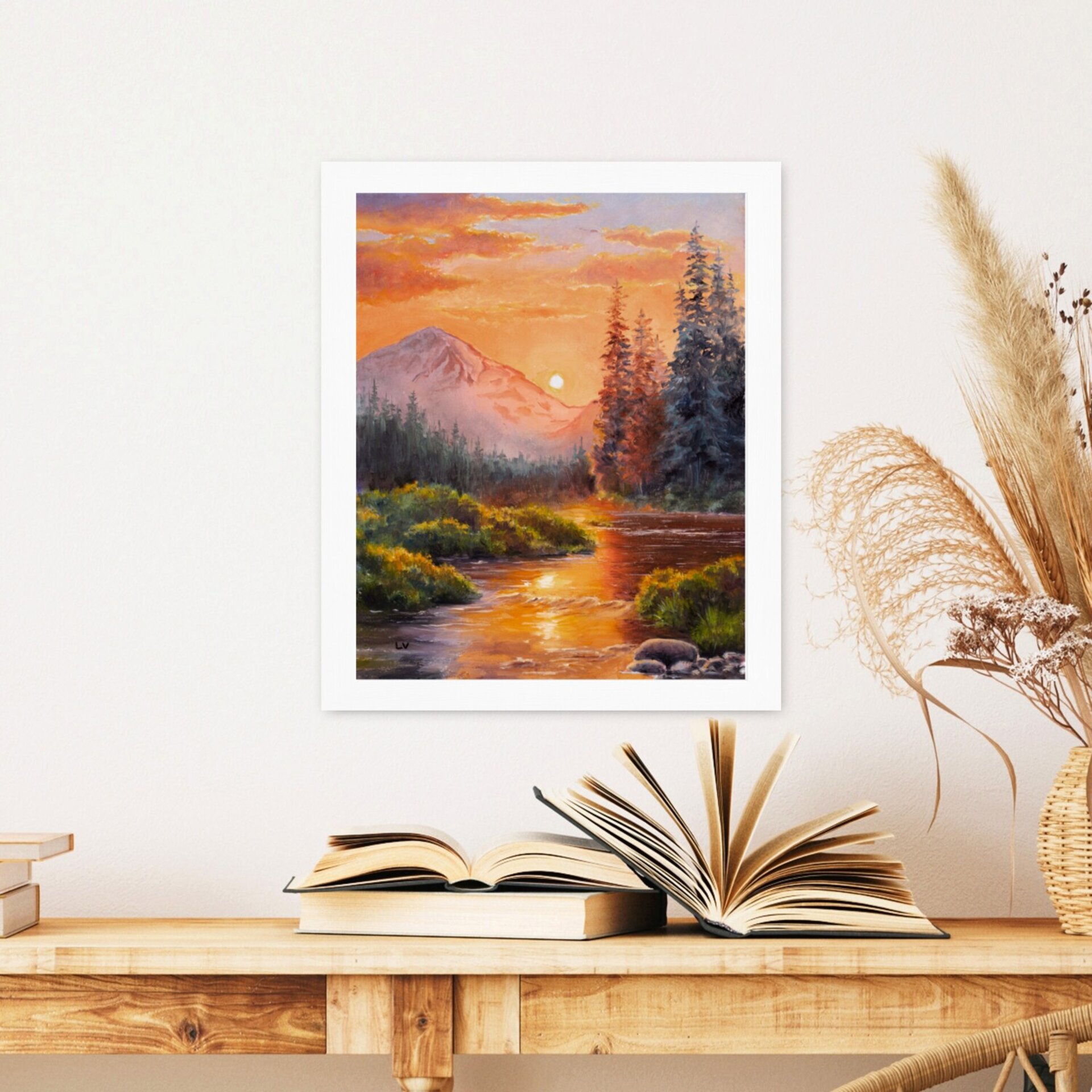 Río de montaña al atardecer con abetos, Paisaje de cielo vibrante, tonos cálidos - 11