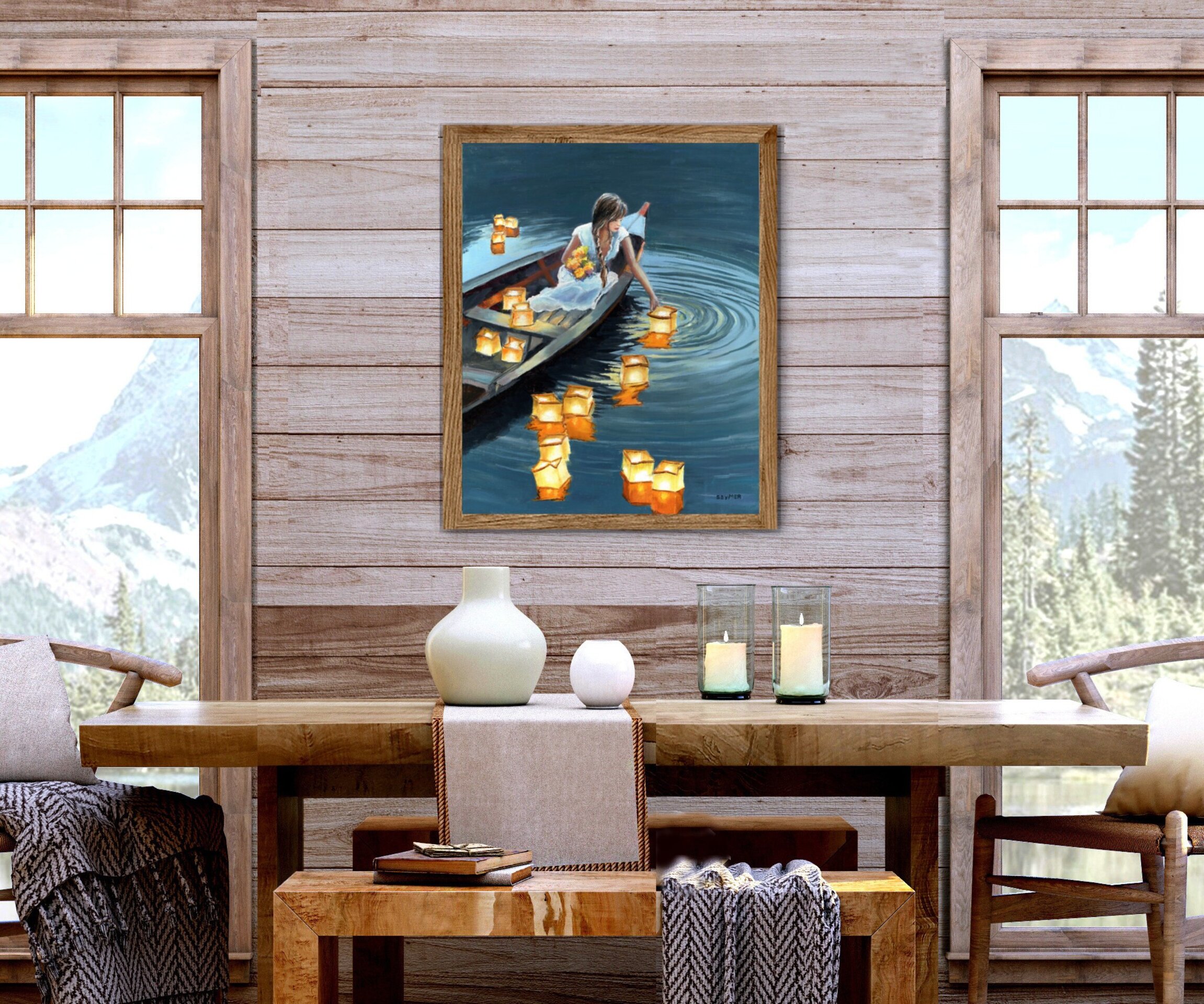 Pintura chica en barca con farolillos de luz en lago de noche, Amor, alma y paz - 5