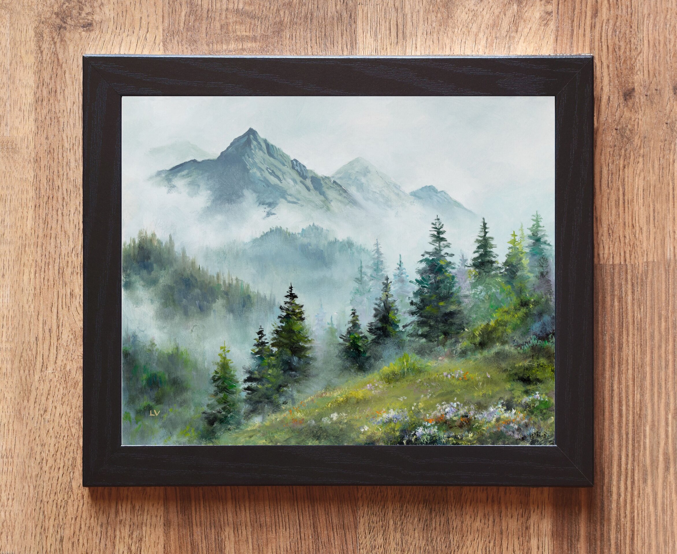 Montañas y abetos con niebla en paisaje de invierno, pintura en tonos azules - 2