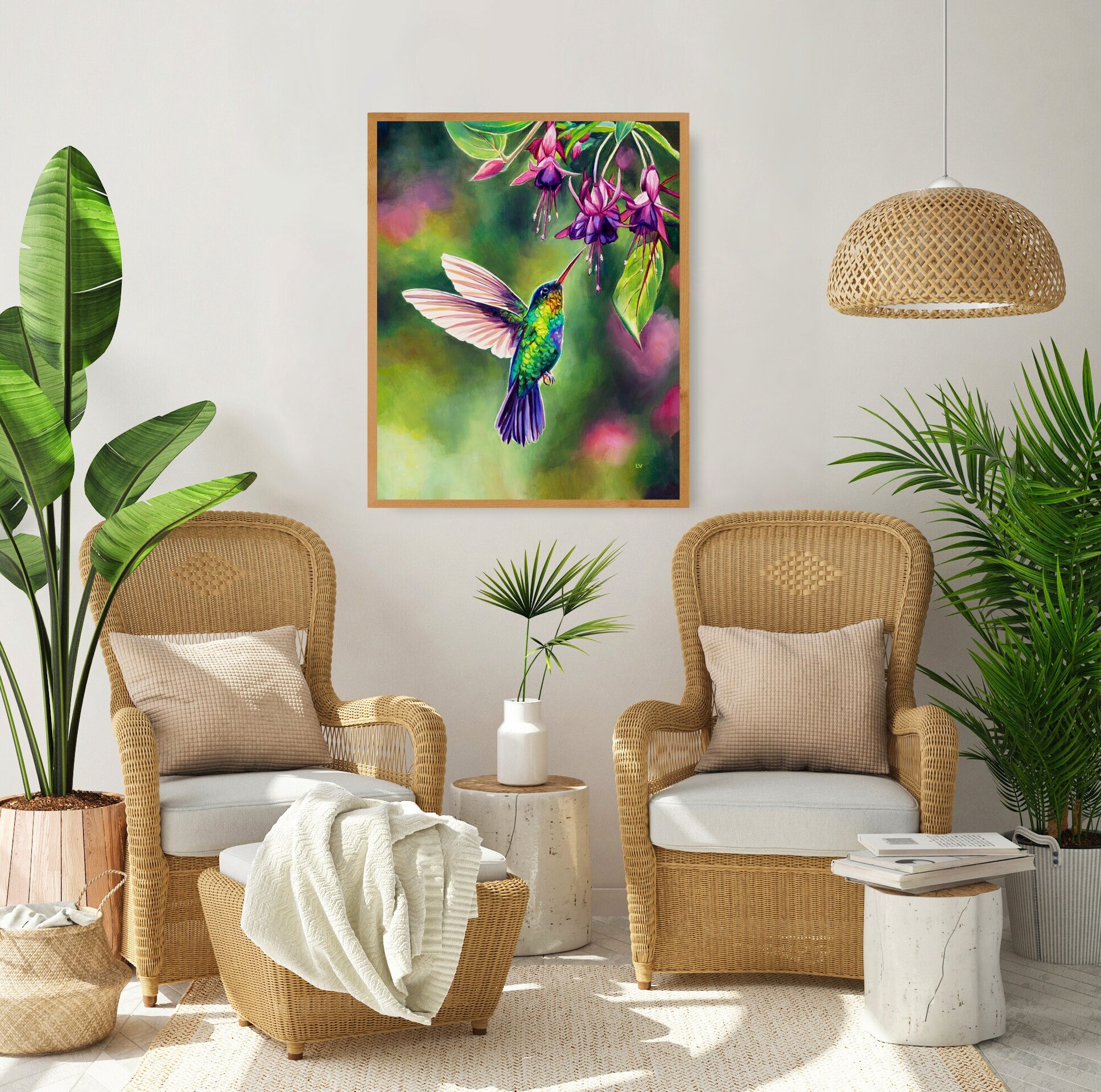 Pájaro colibrí volando con flores tropicales, Cuadro al óleo de ave exótica - 5