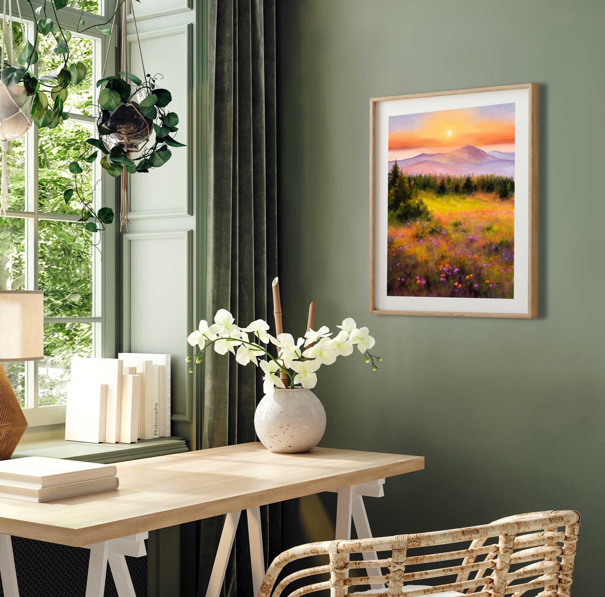 Montañas brumosas en puesta de sol con verde pradera, abetos y flores de colores - 8