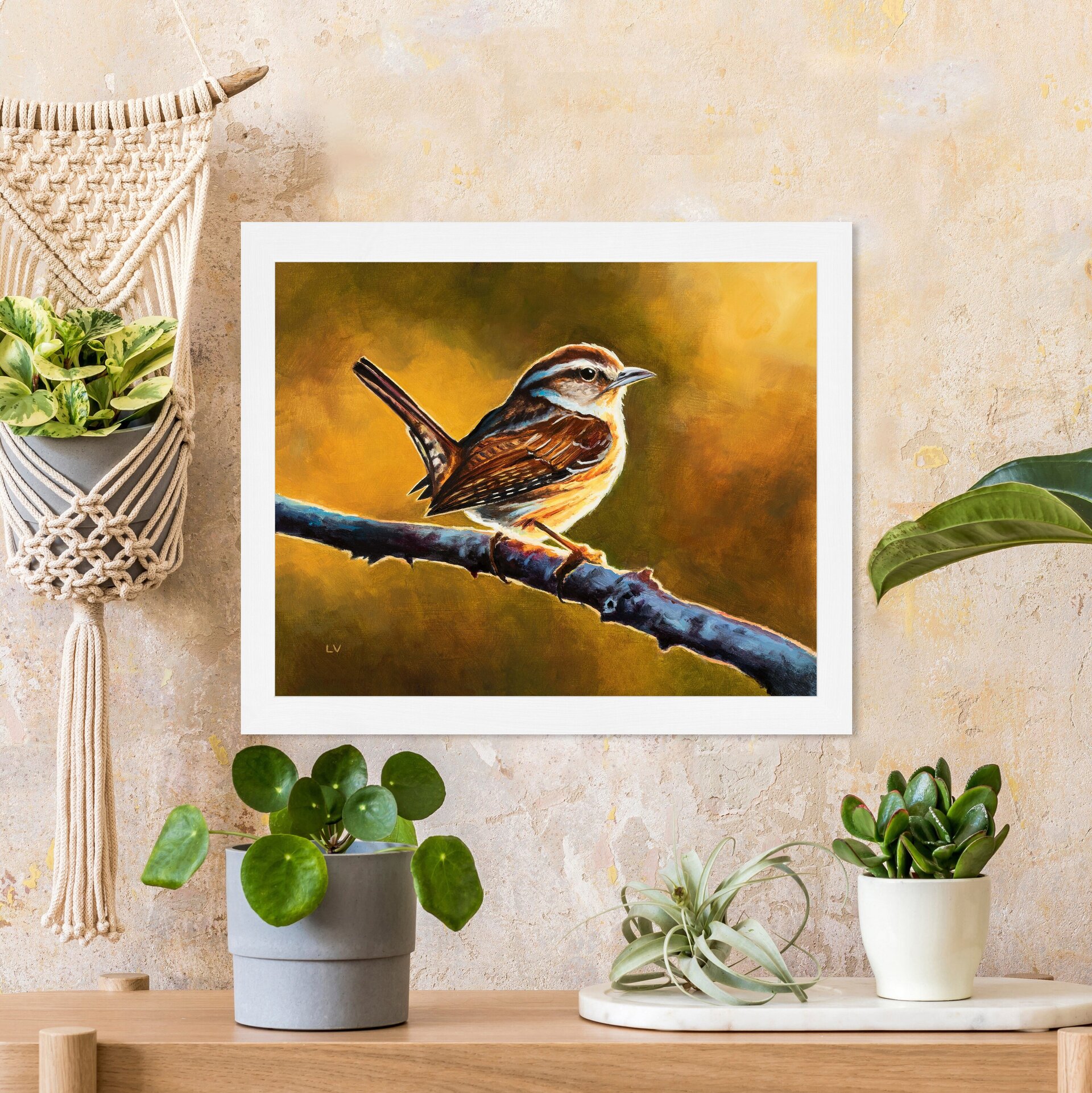 Pintura al óleo de un pájaro marrón sobre una rama, Cuadro animales silvestres - 14