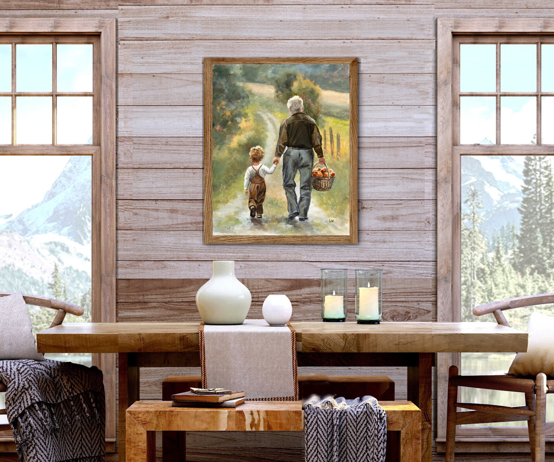 Pintura tierna de abuelo y nieto con cesto de manzanas en camino rural de granja - 8