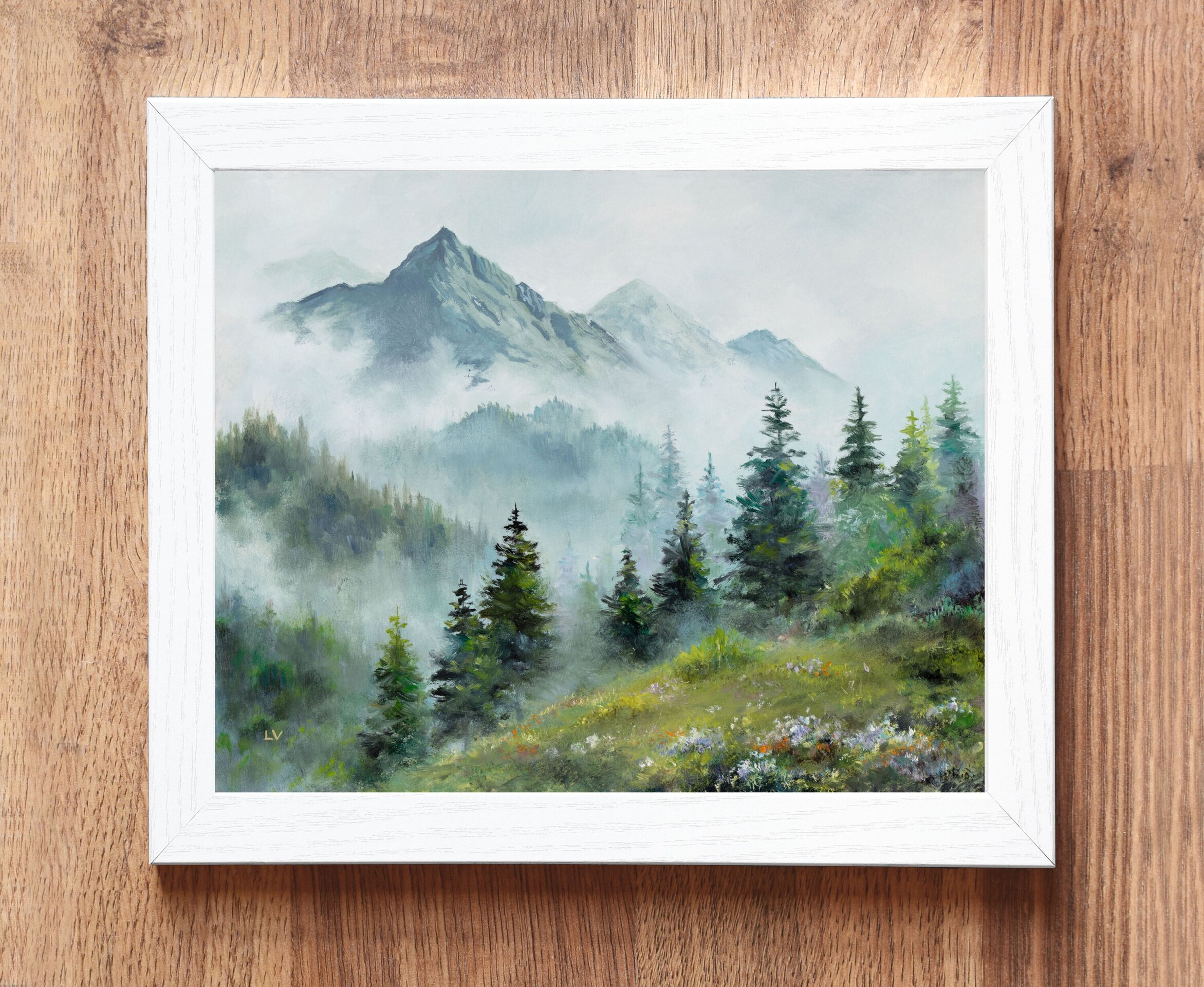Montañas y abetos con niebla en paisaje de invierno, pintura en tonos azules - 4