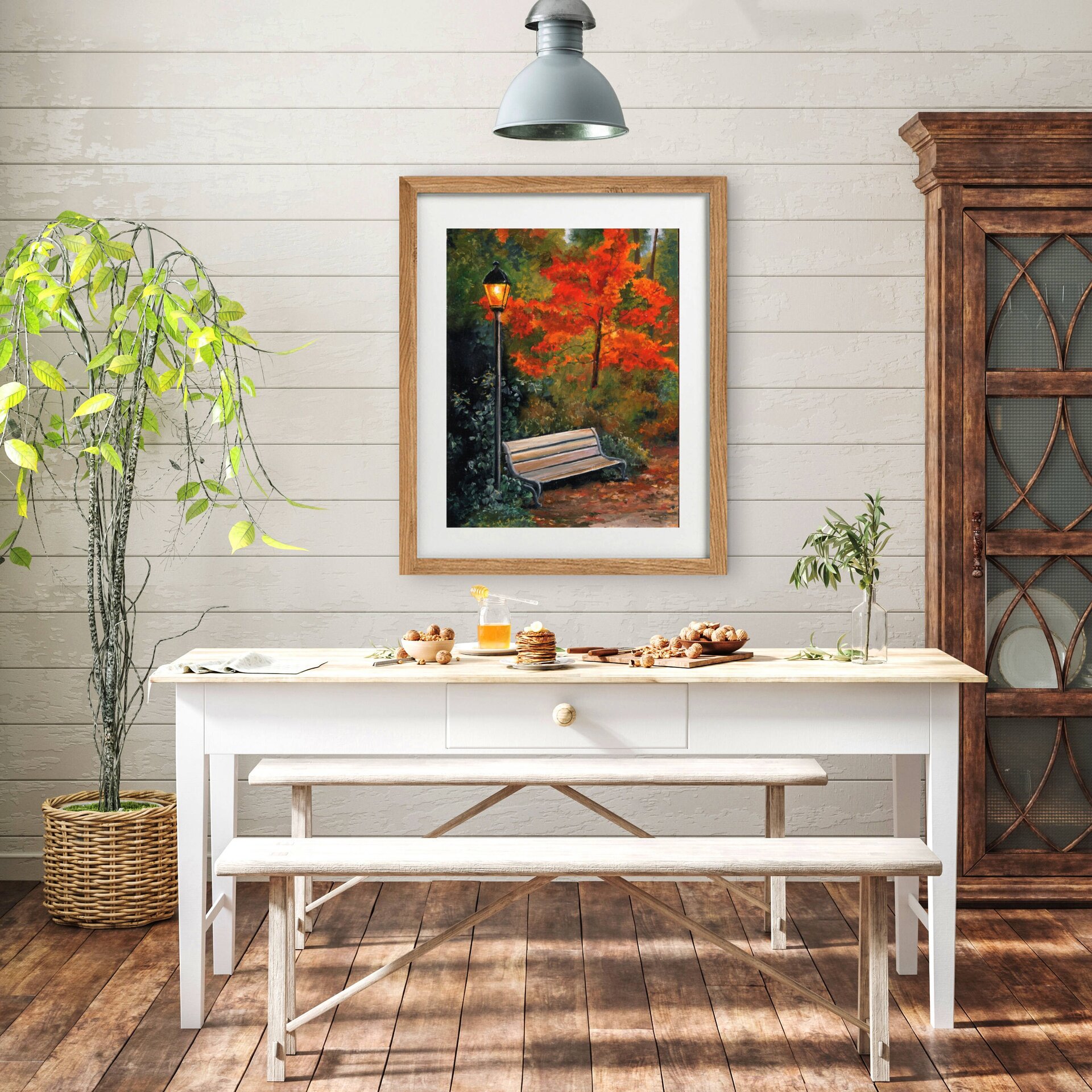 Pintura acogedora de otoño en parque con banco solitario, hojas caídas y farola - 6