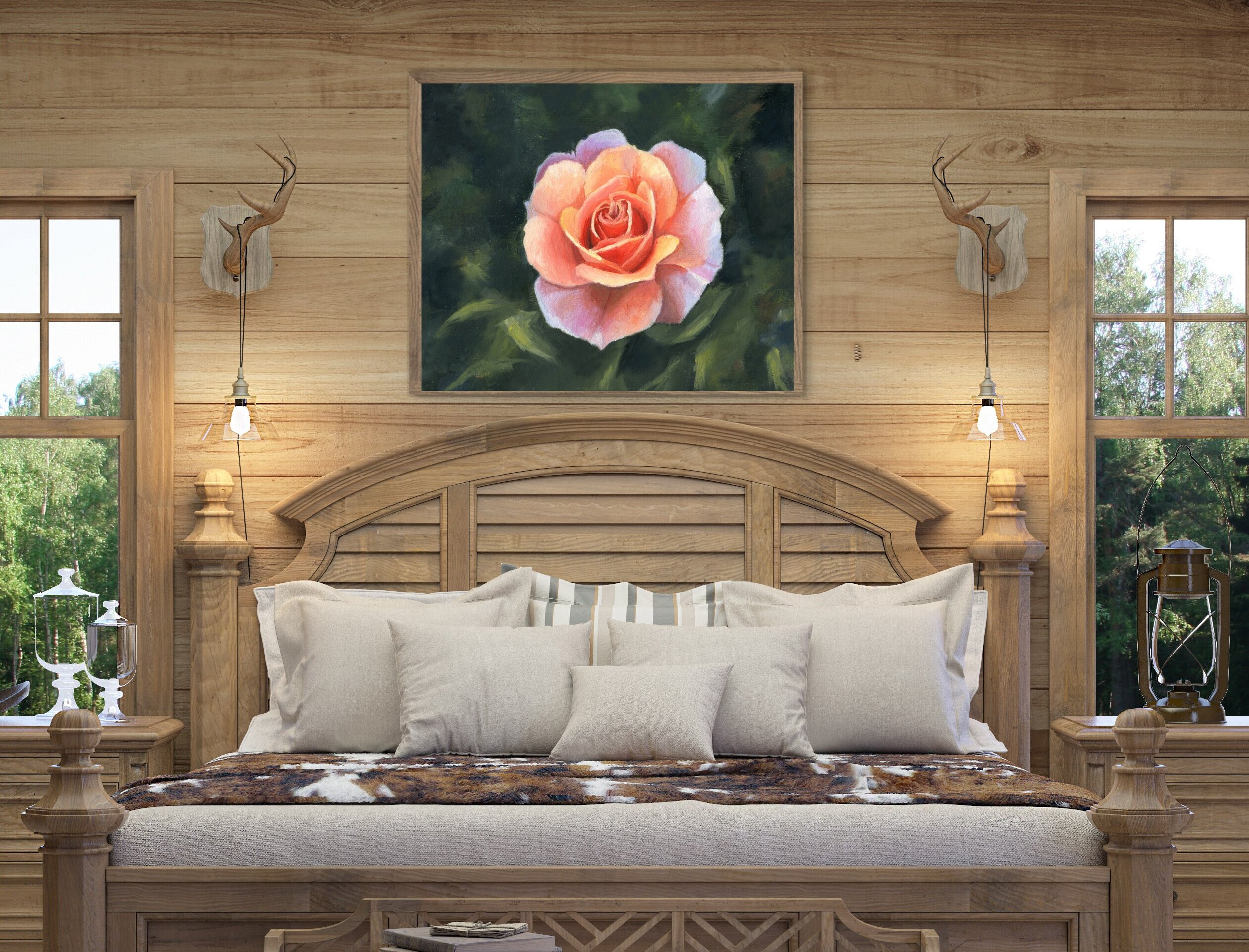 Pintura de Rosa delicada en jardín con plantas verdes. Sofisticación y elegancia - 6