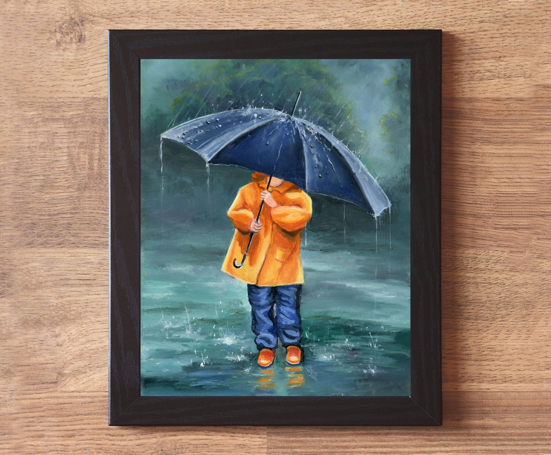 Niña con paraguas e impermeable en día de lluvia con charcos, pintura infantil - 2