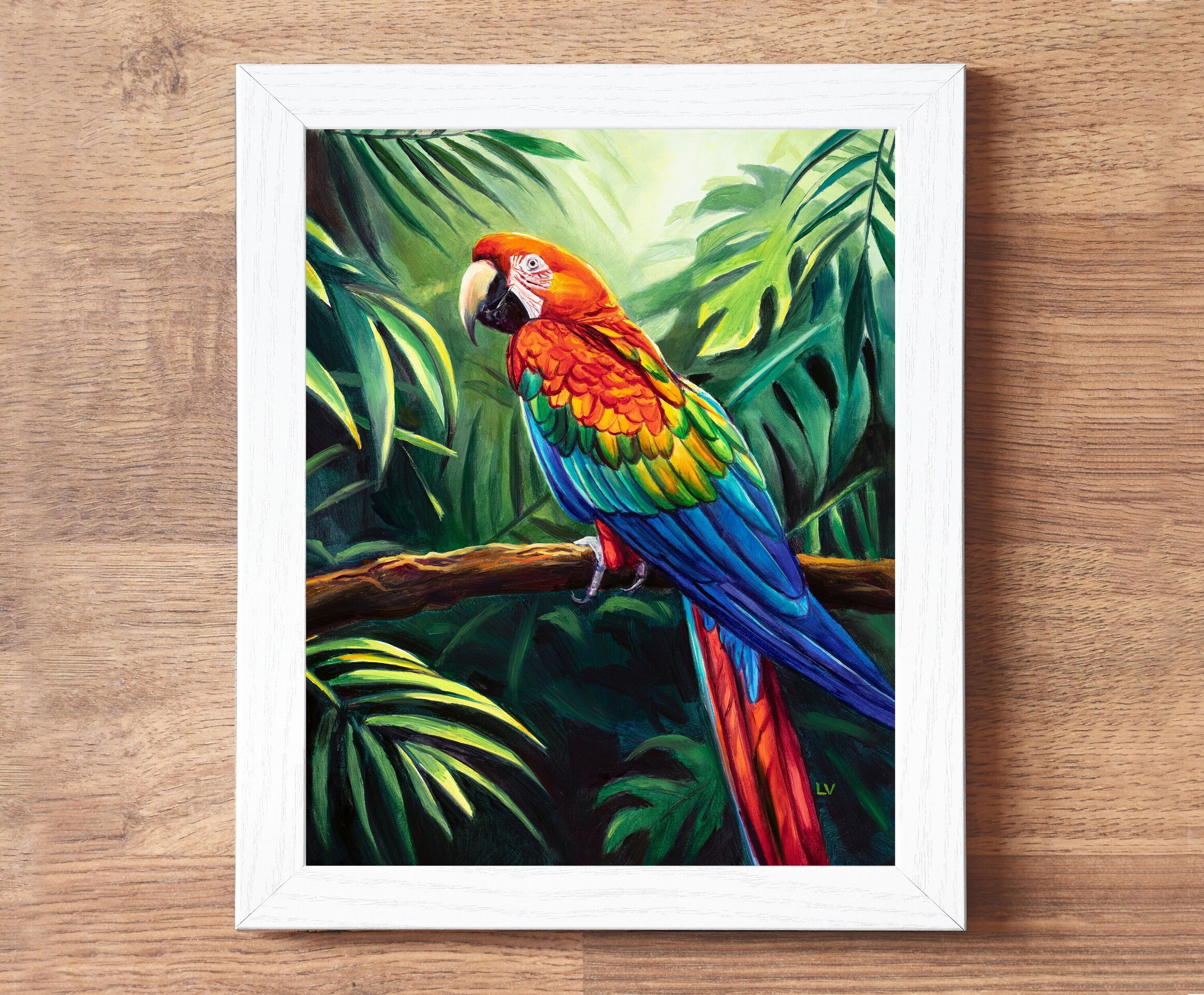 Cuadro de loro guacamayo rojo en la jungla, Pintura a óleo de animales salvajes - 4