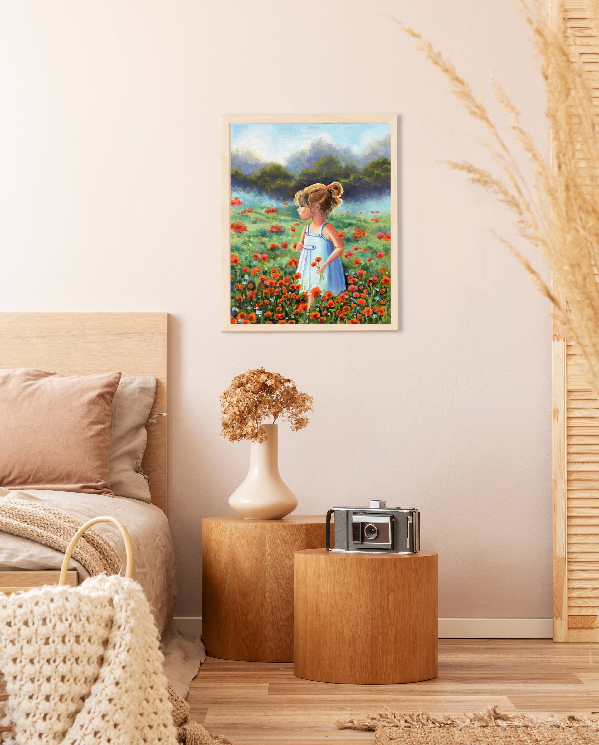 Pintura Niña en campo de amapolas rojas a pleno sol, Luz, color, paz, inocencia - 7