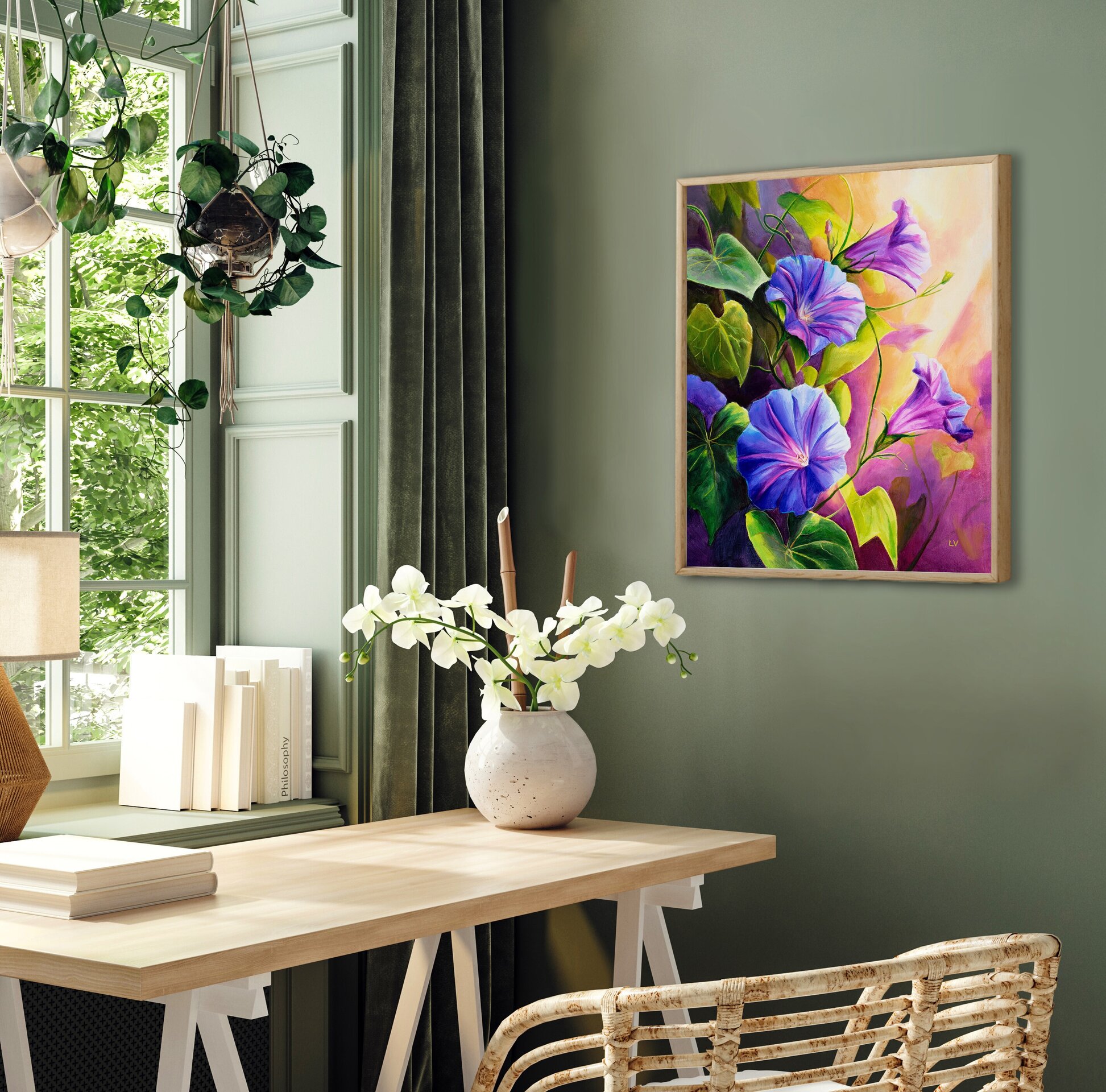 Flores de campanilla moradas en el jardín cuadro al óleo, Pintura botánica - 9