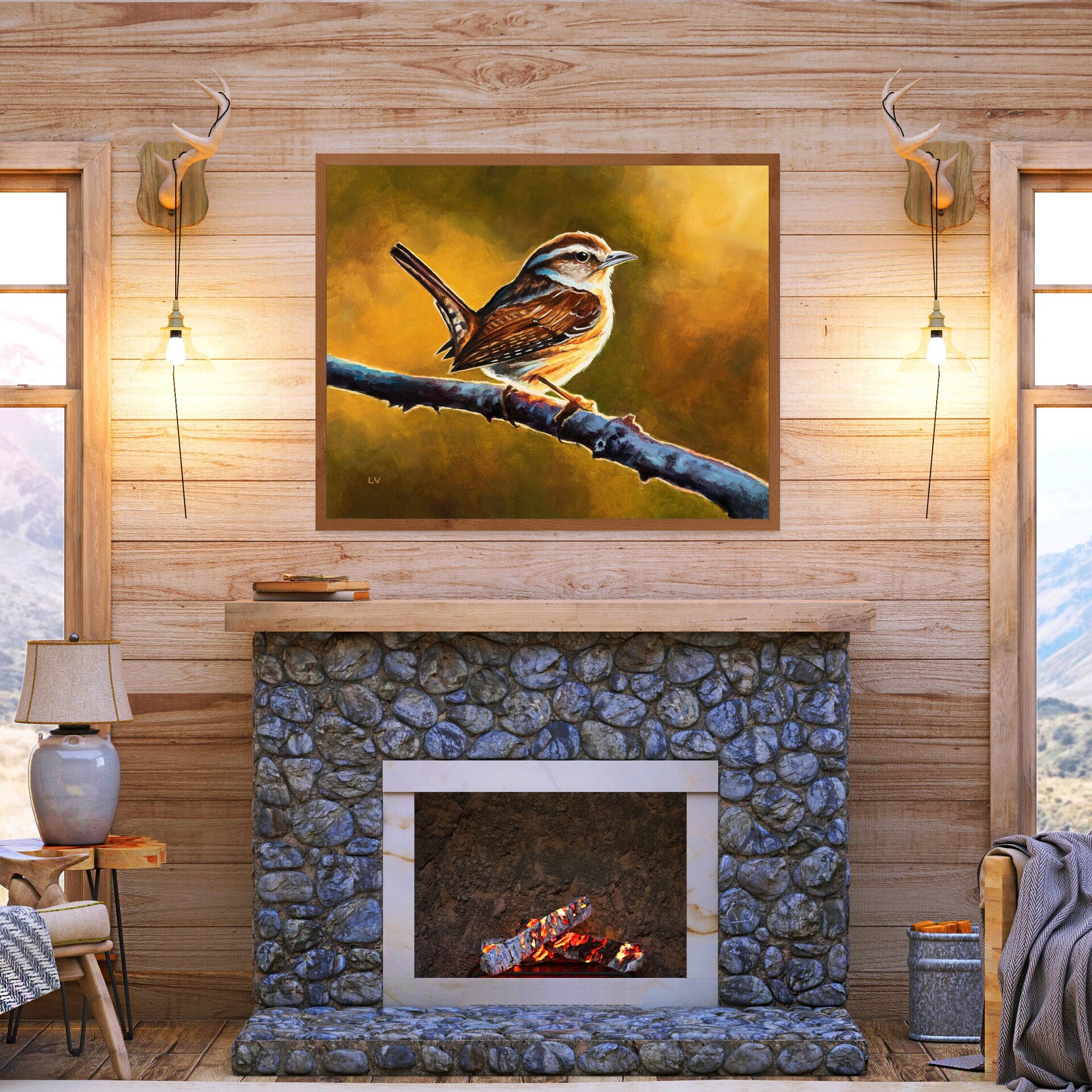 Pintura al óleo de un pájaro marrón sobre una rama, Cuadro animales silvestres - 11