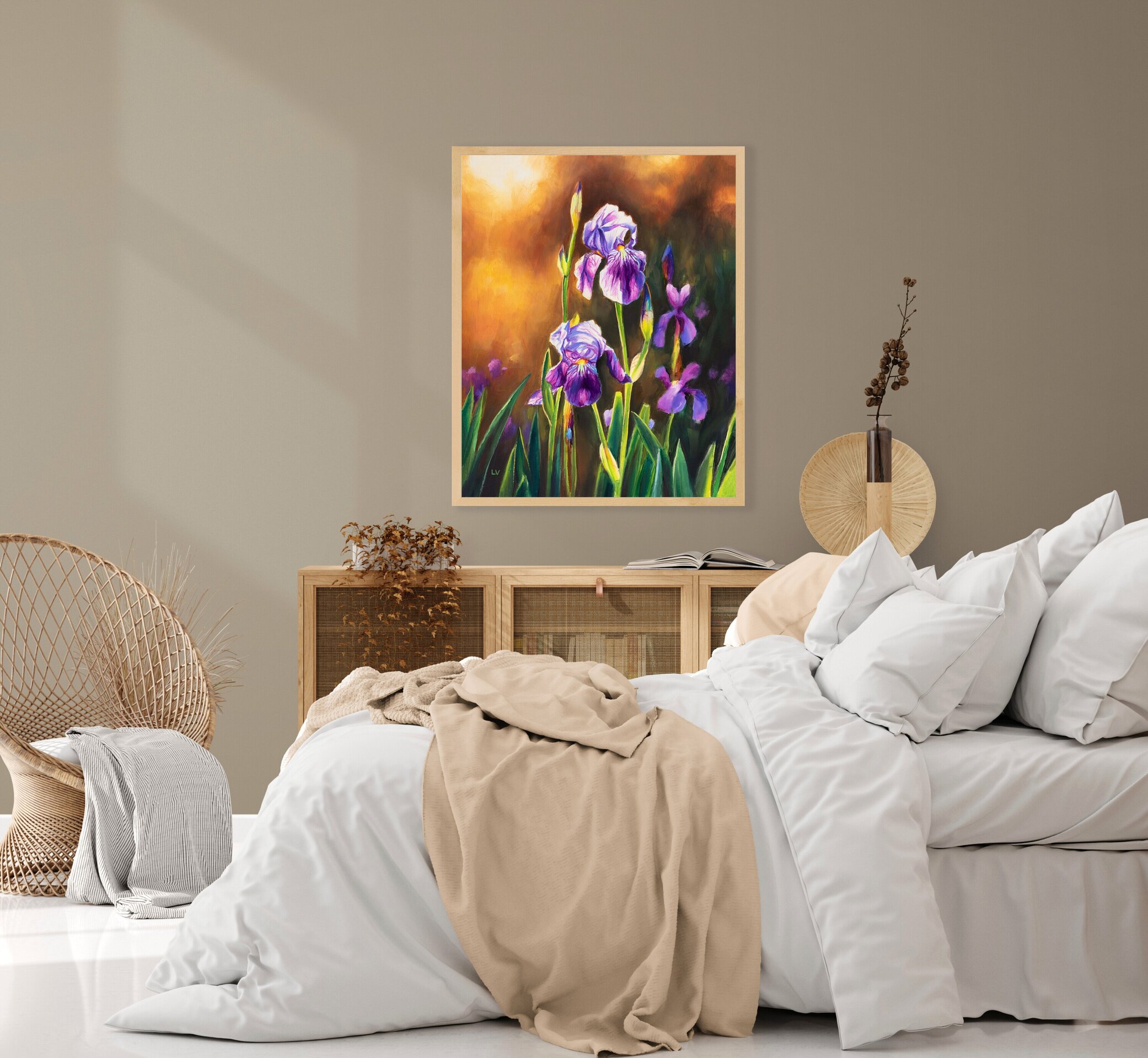 Cuadro de flores de lirio moradas al atardecer, Óleo botánico de naturaleza - 6