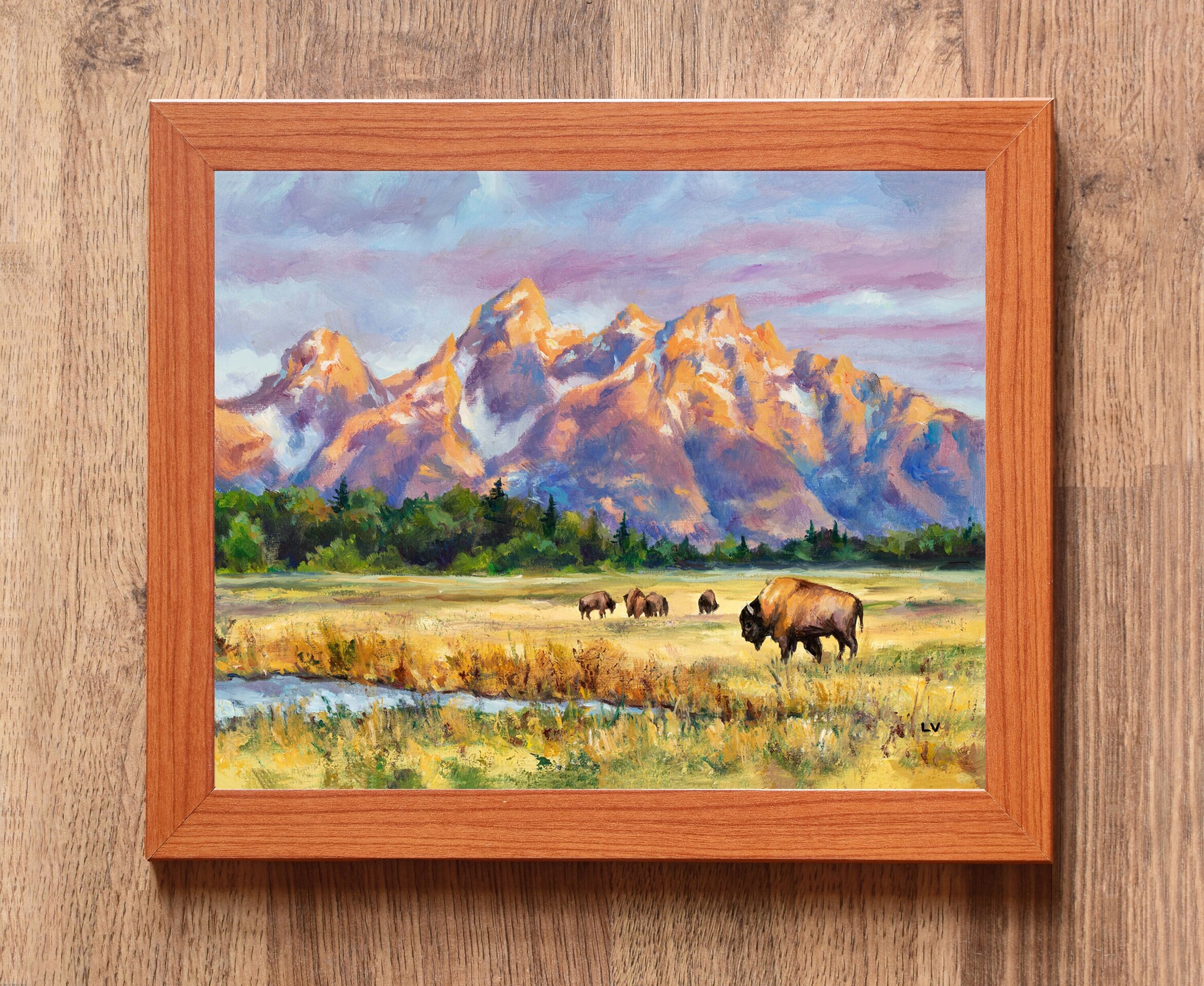 Paisaje al óleo de montañas nevadas con bisontes en la pradera al amanecer - 3