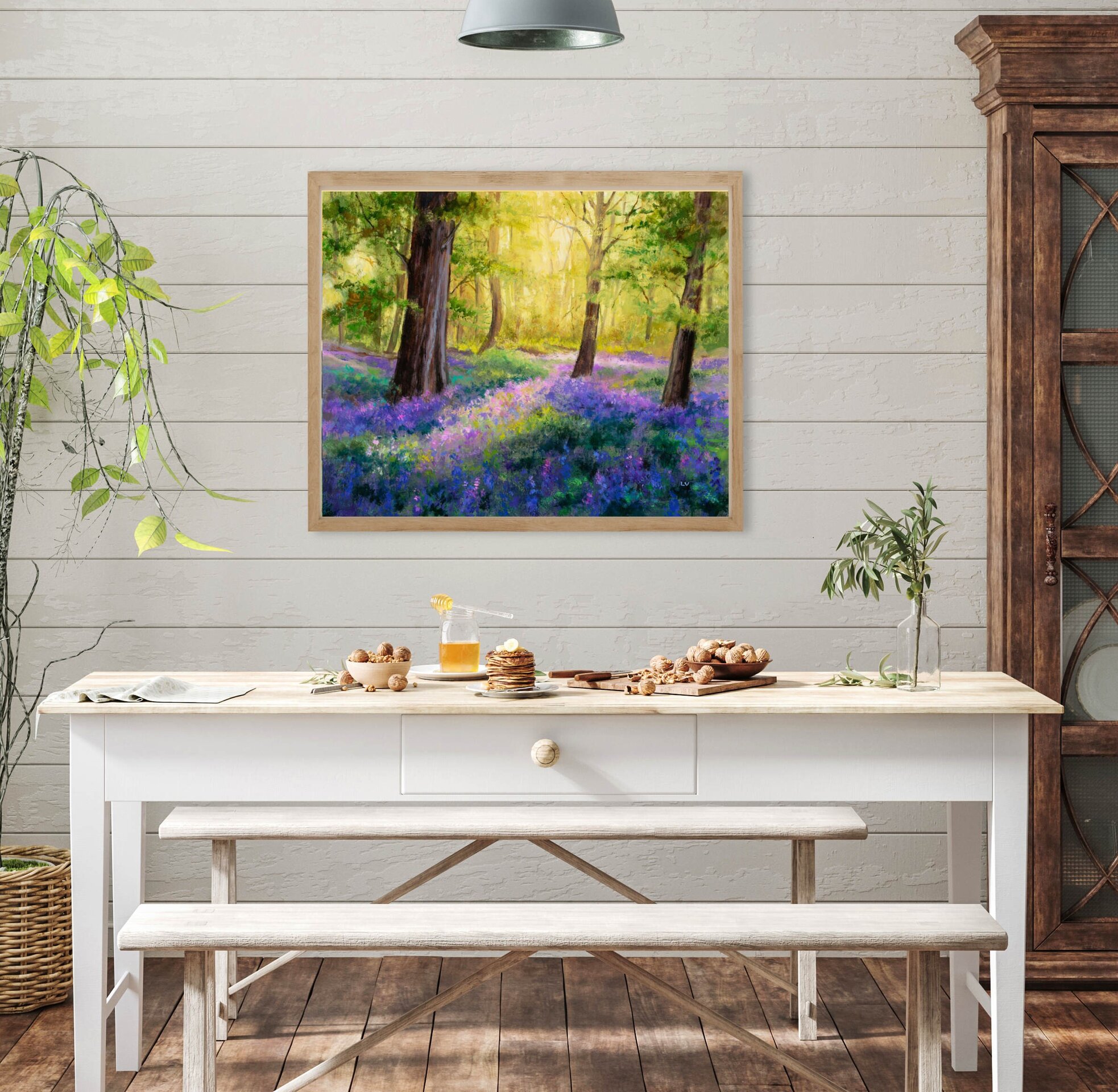 Pintura de campanillas azules en un bosque de hayas con luz entre los árboles - 5