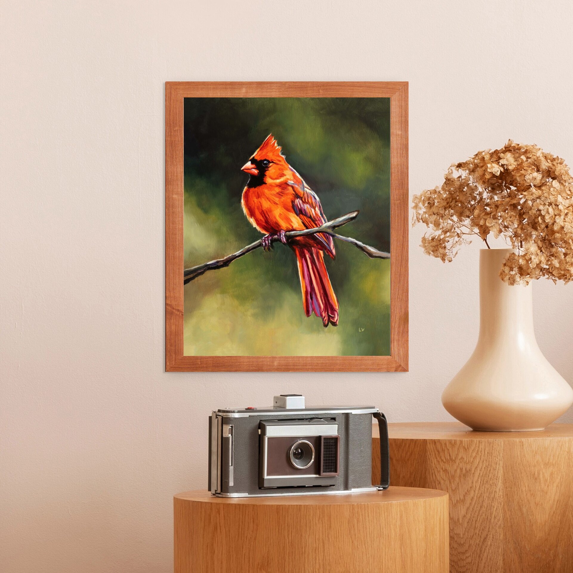 Retrato al óleo de un pajaro cardenal rojo sobre una rama, Pintura de animales - 7