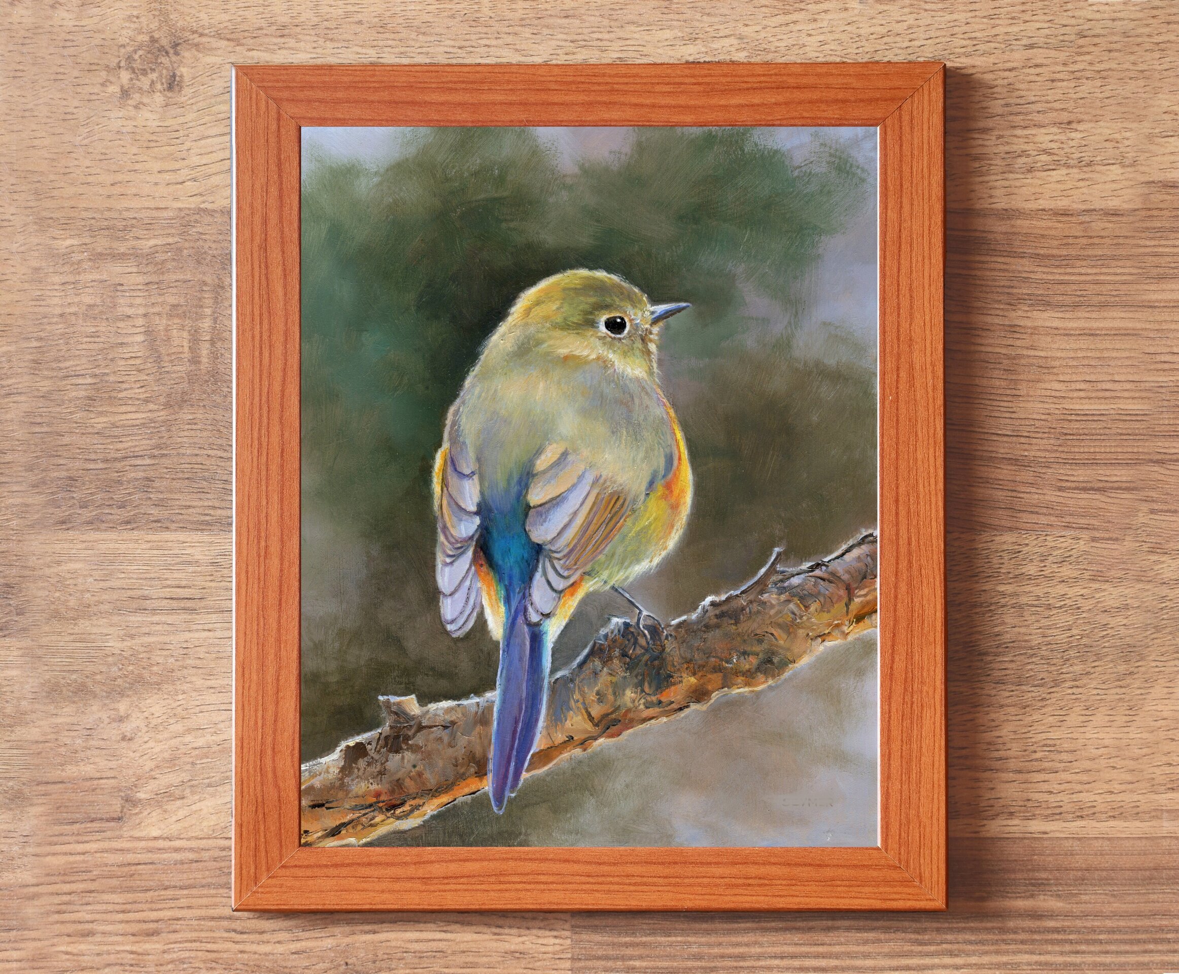 Pintura detallada y realista de pájaro amarillo sobre rama. Ave de cola azul - 3