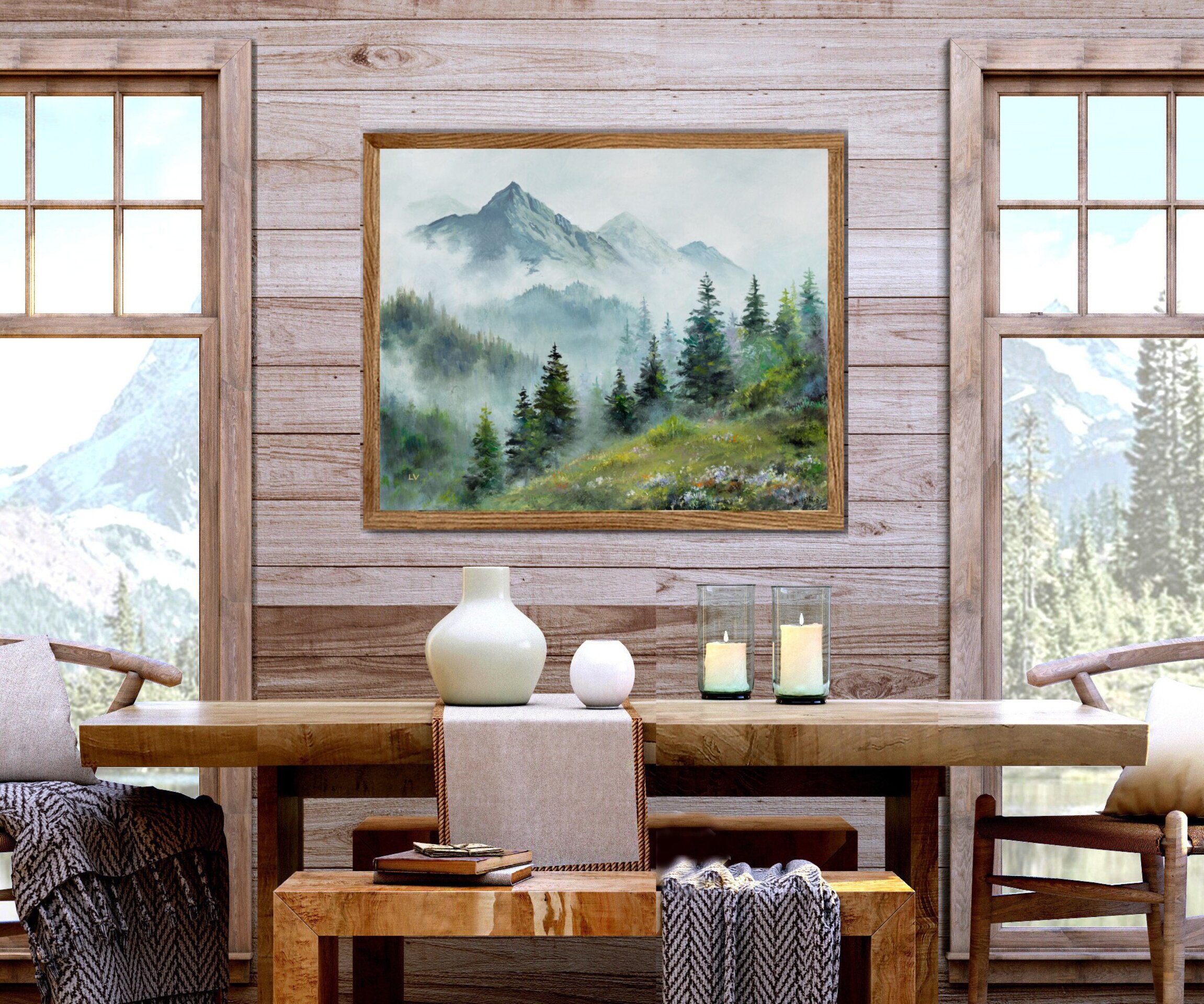 Montañas y abetos con niebla en paisaje de invierno, pintura en tonos azules - 7