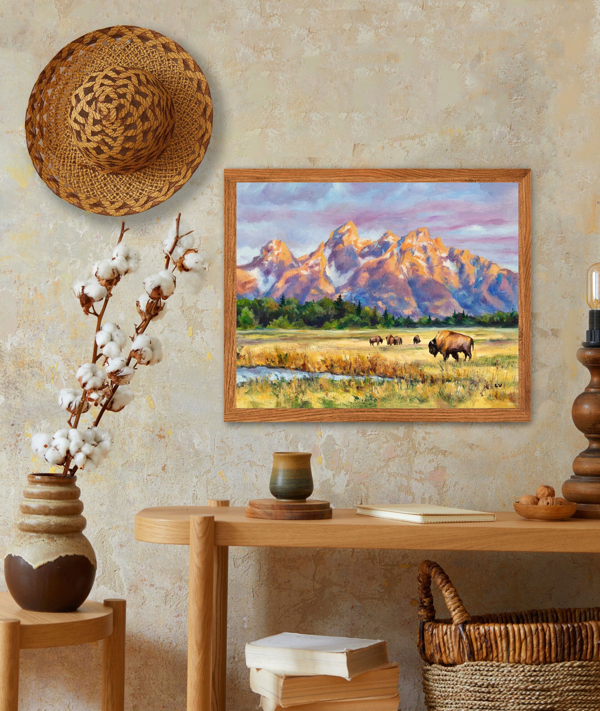 Paisaje al óleo de montañas nevadas con bisontes en la pradera al amanecer - 6