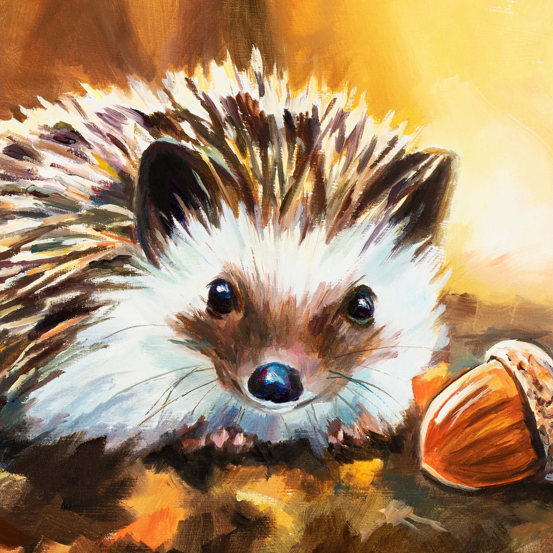 Cuadro de erizo con una bellota en el bosque otoñal, Pintura infantil animales - 8
