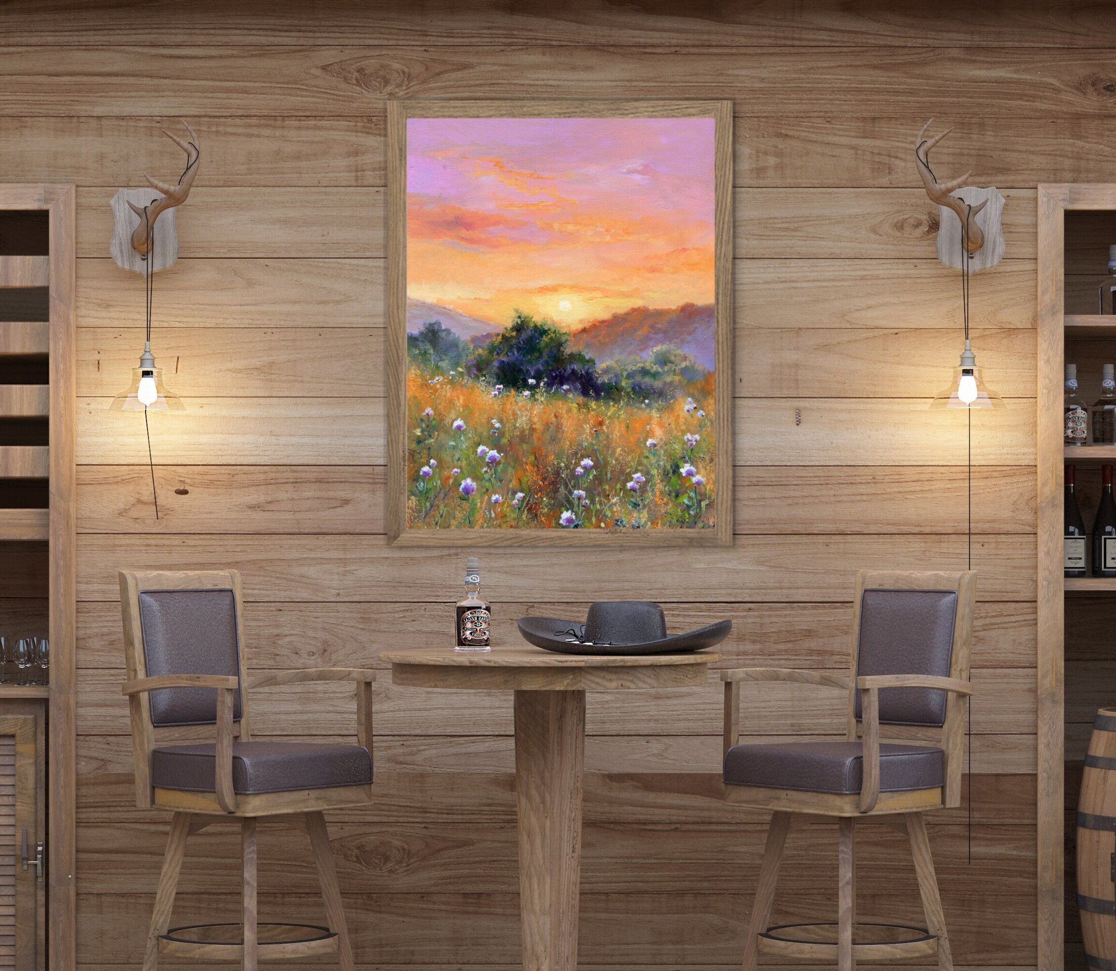 Paisaje realista de campo de flores blancas en puesta de sol bajo cielo rosado - 6