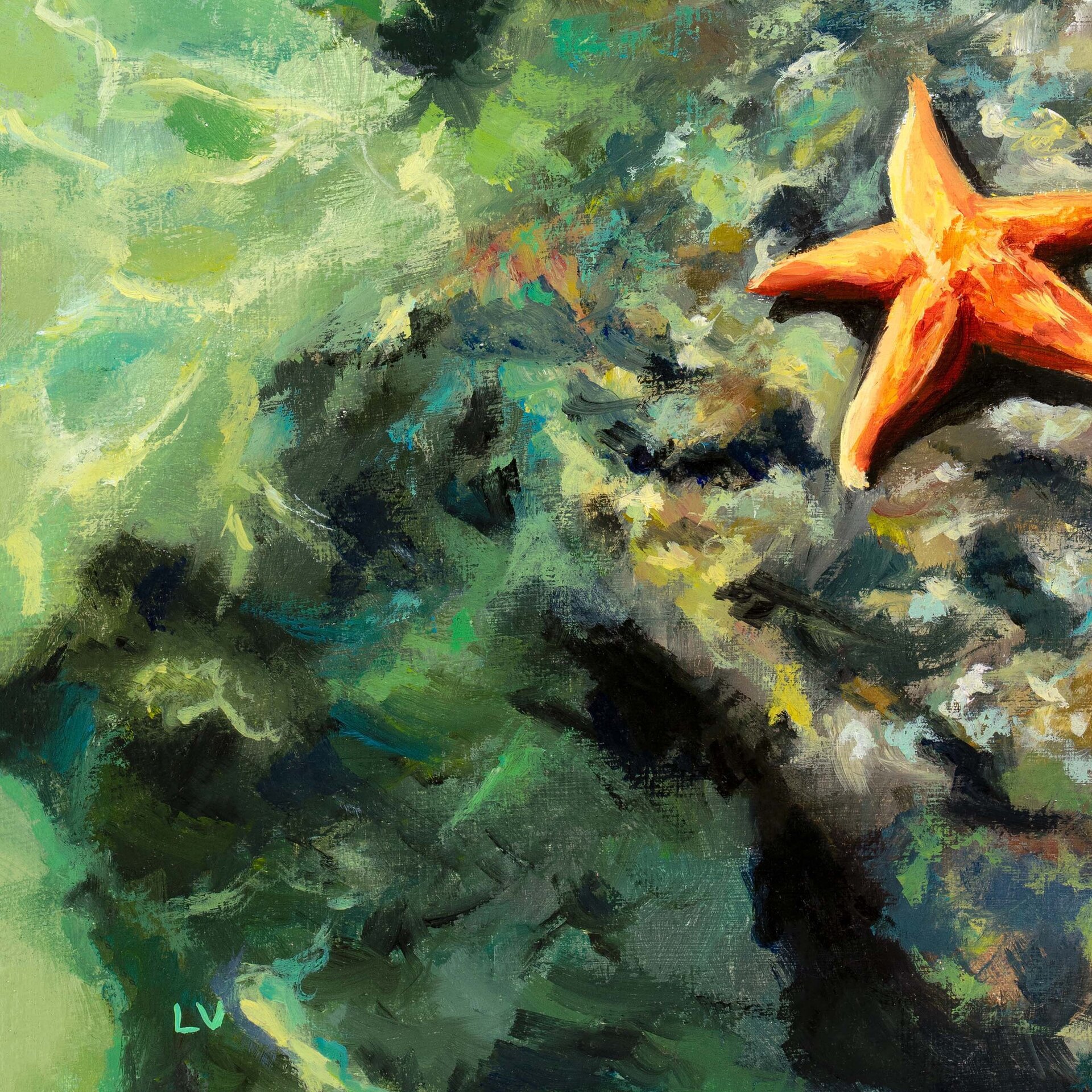 Cuadro al óleo de estrella de mar, Paisaje de océano con rocas, agua y olas - 9