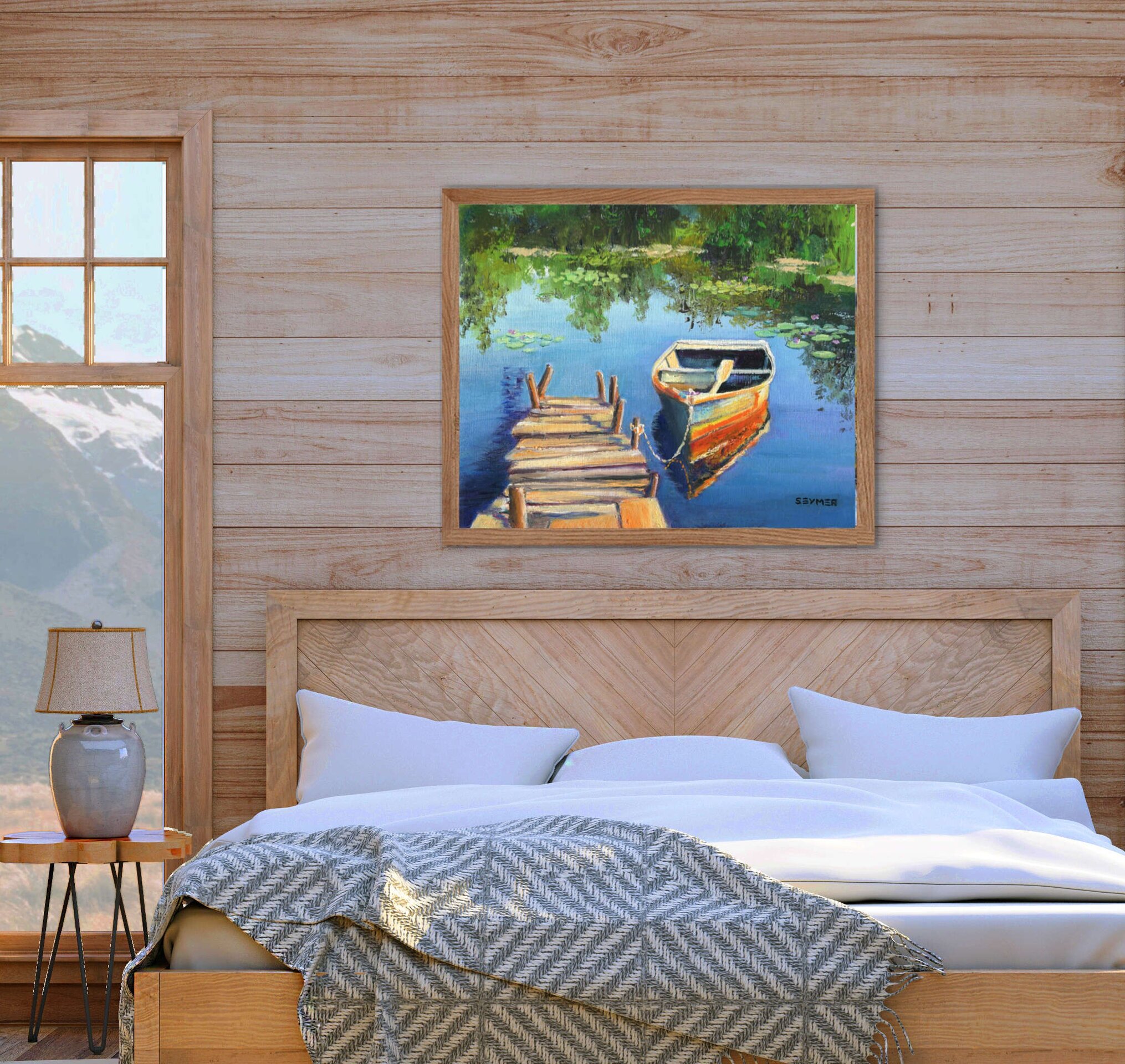 Pintura de barca en embarcadero de madera sobre aguas tranquilas con nenúfares - 7