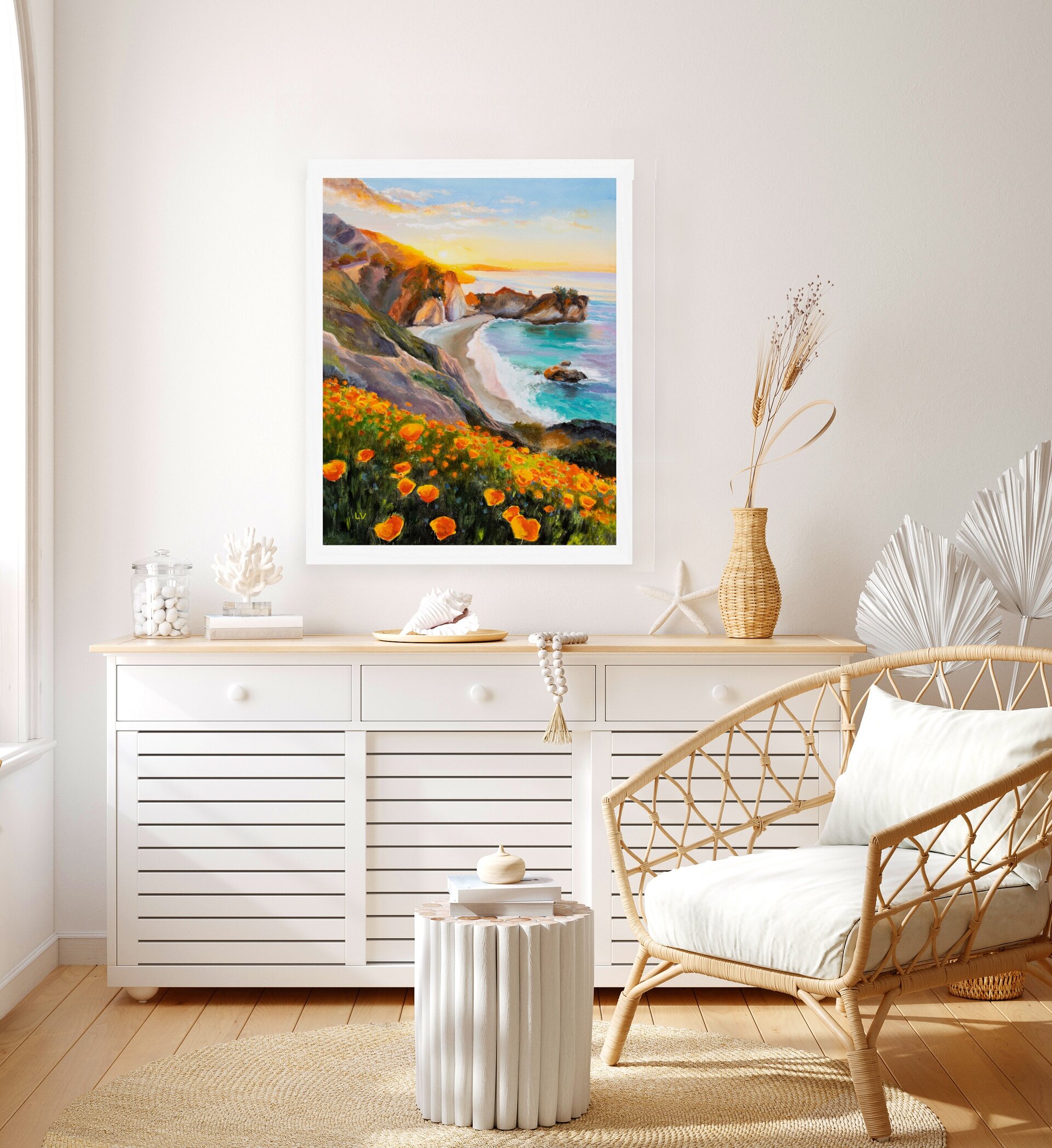 Pintura de playa de California, Mar de agua turquesa con rocas en puesta de sol - 6