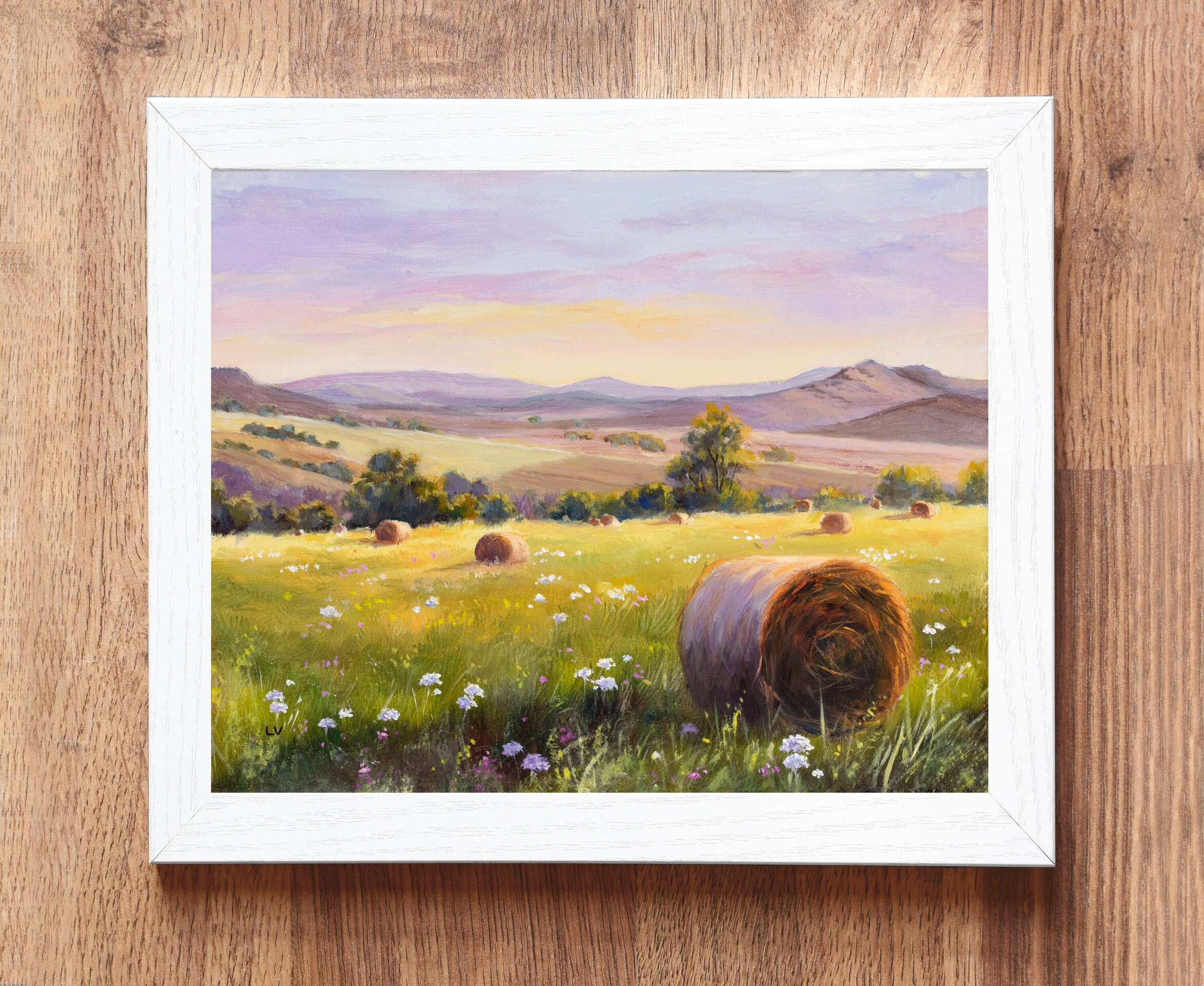 Pintura rural de campo de cultivo con balas de heno y flores, Cosecha agrícola - 4