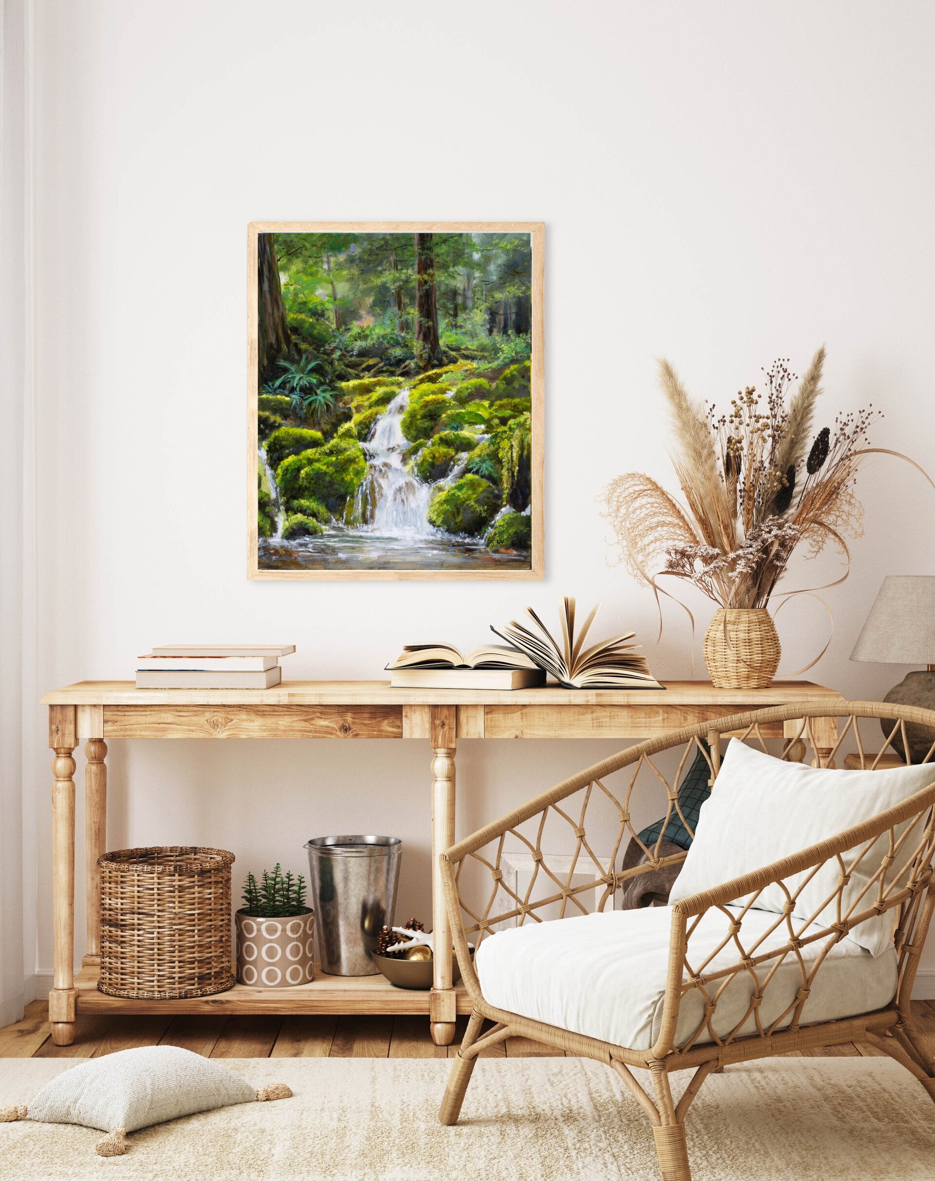 Pintura realista de río forestal con cascada y piedras cubiertas de musgo verde - 10