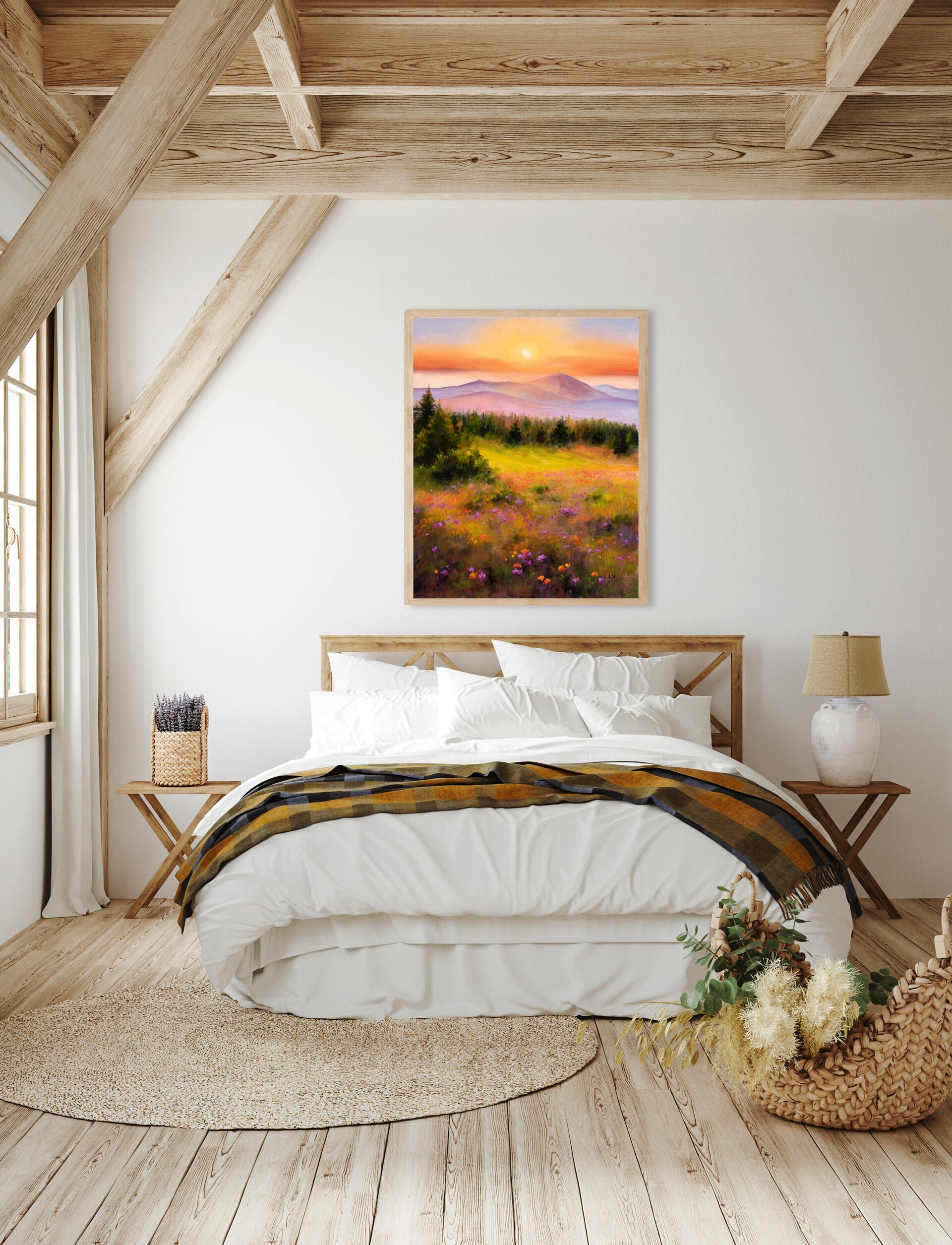 Montañas brumosas en puesta de sol con verde pradera, abetos y flores de colores - 5