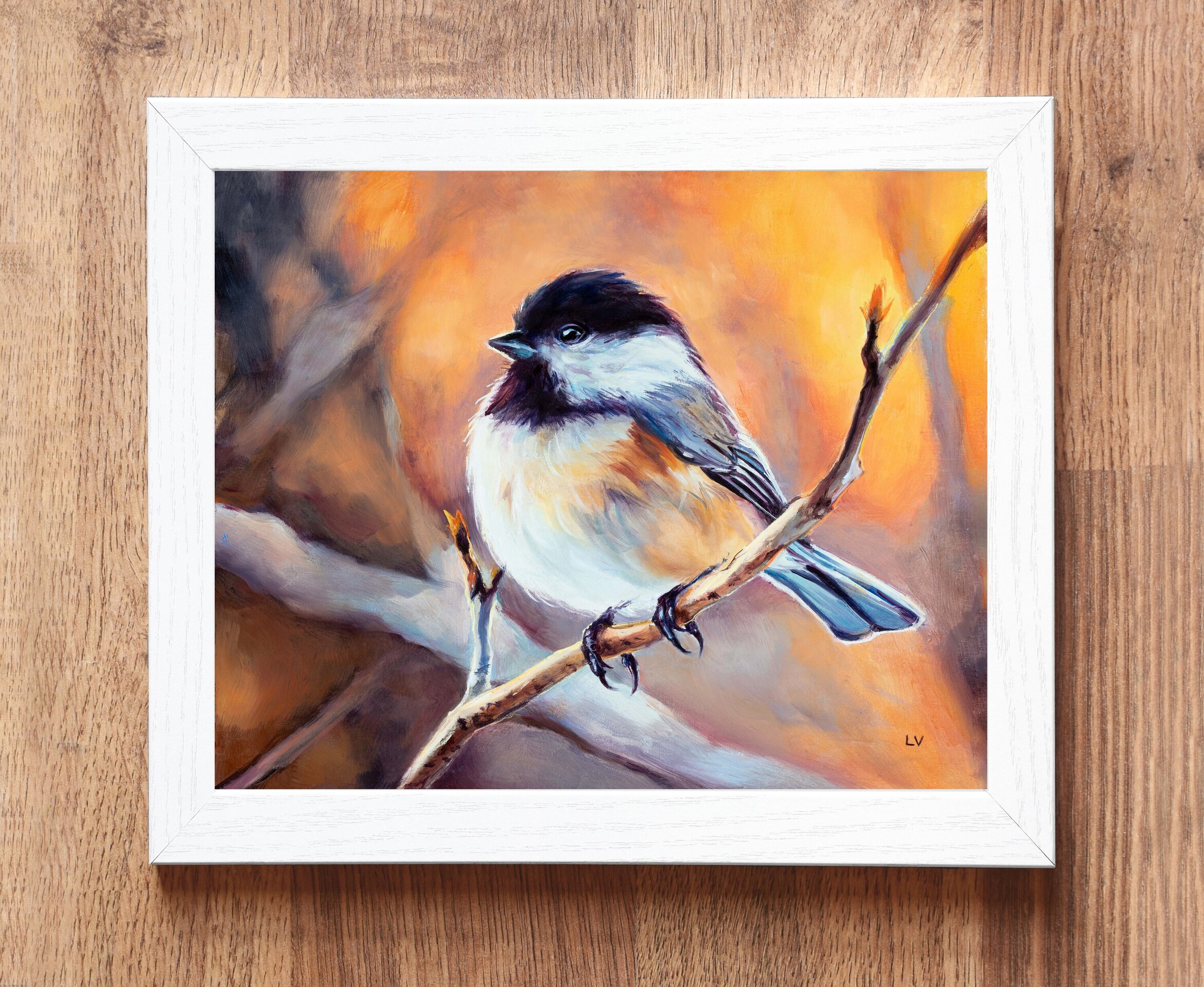 Pintura al óleo de pájaro carbonero cabecinegro sobre una rama del bosque - 4