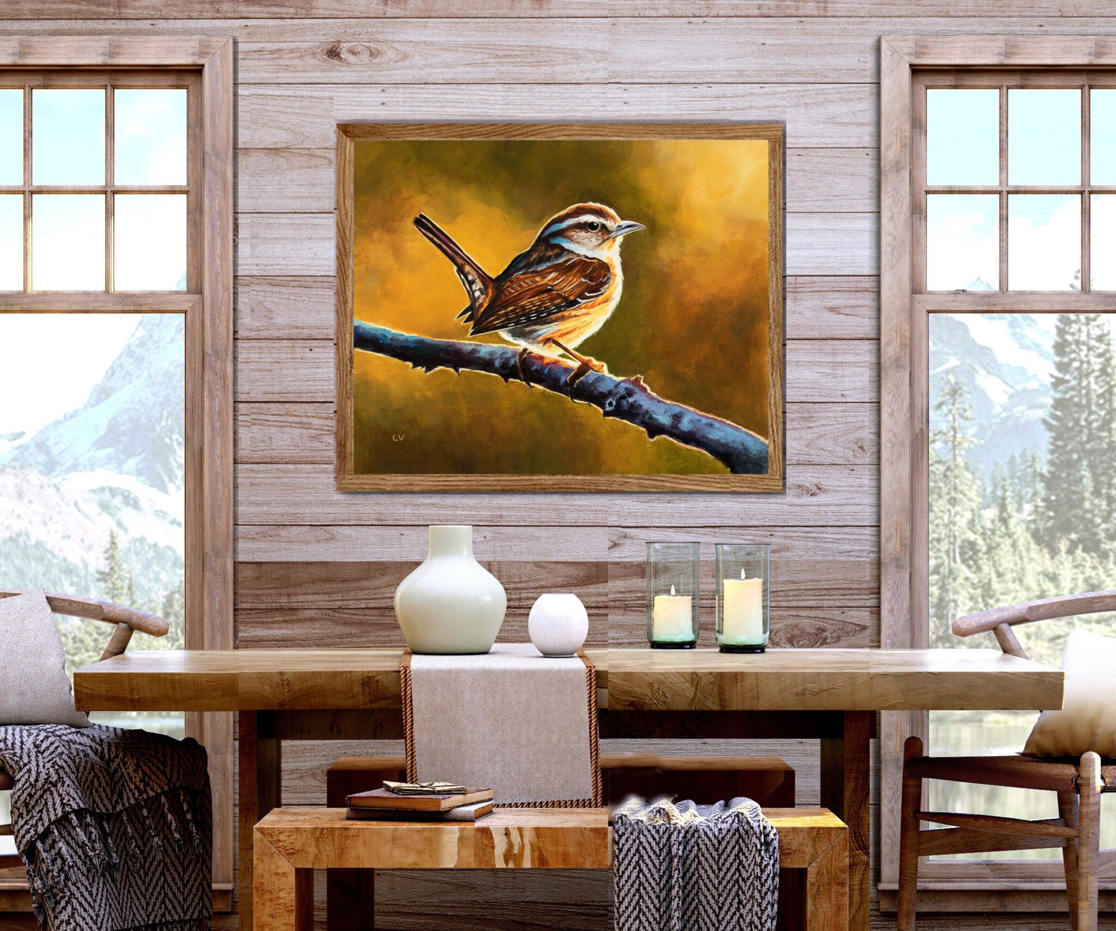 Pintura al óleo de un pájaro marrón sobre una rama, Cuadro animales silvestres - 6