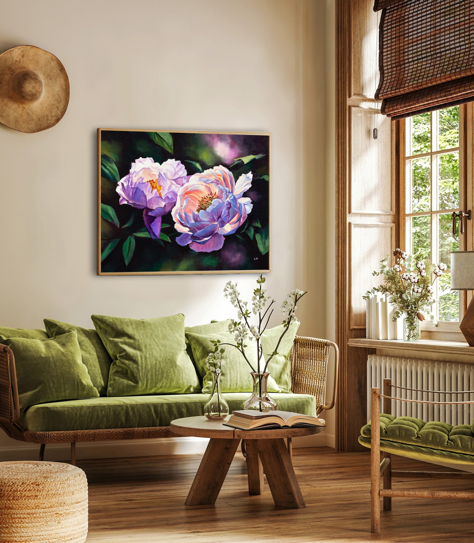 Bodegón floral con peonías rosa de jardín, Pintura botánica al óleo realista - 5