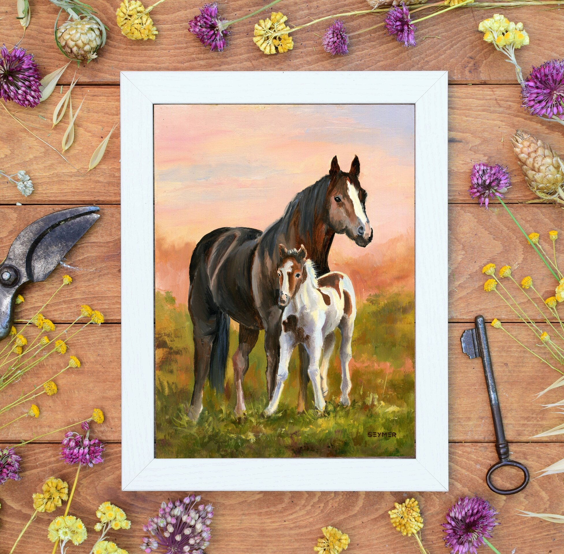 Yegua y potrillo al atardecer, Pintura cálida de serenidad, ternura y animales - 4