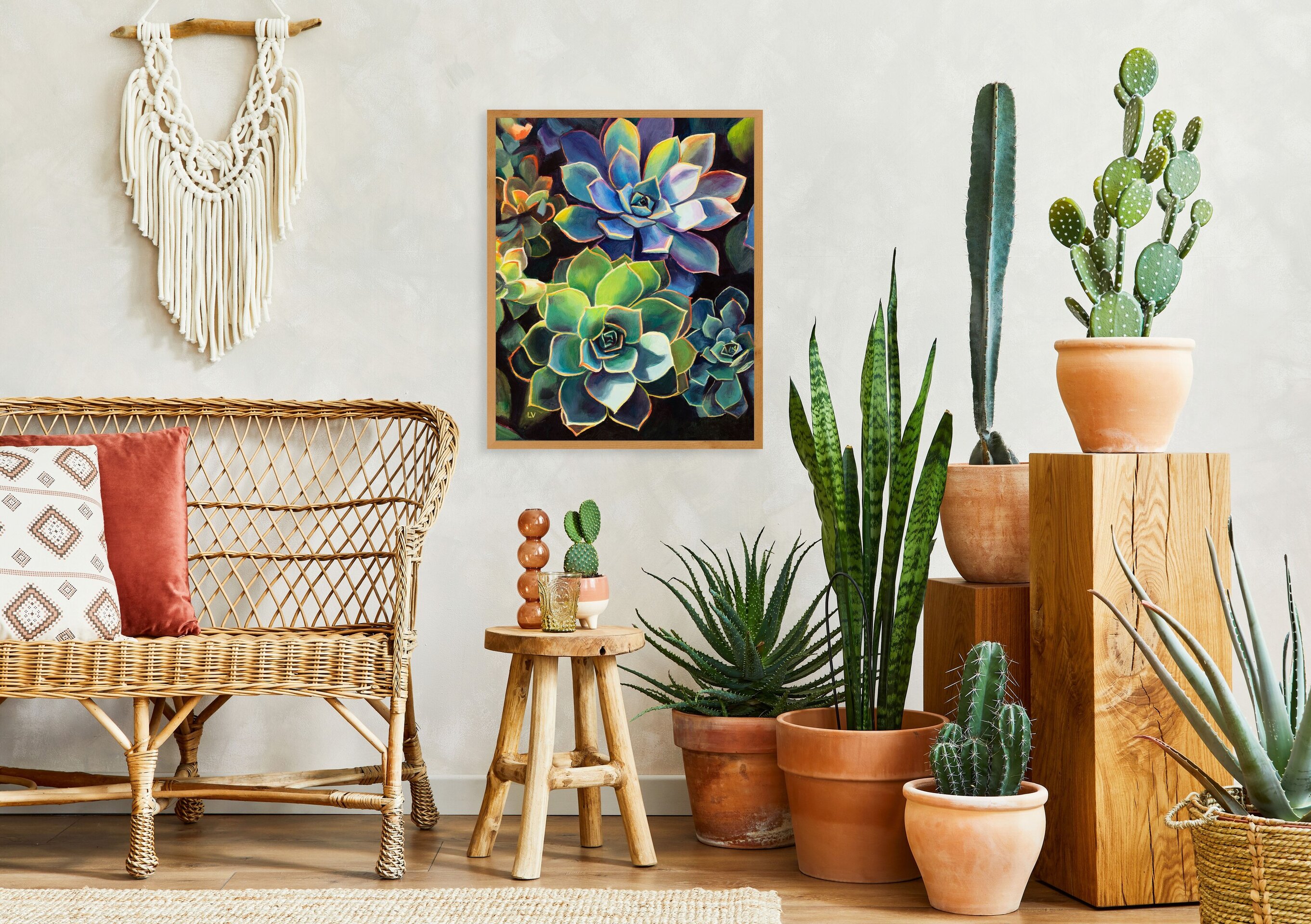 Coloridas plantas suculentas cuadro al óleo, Pintura boho floral de cactus - 9